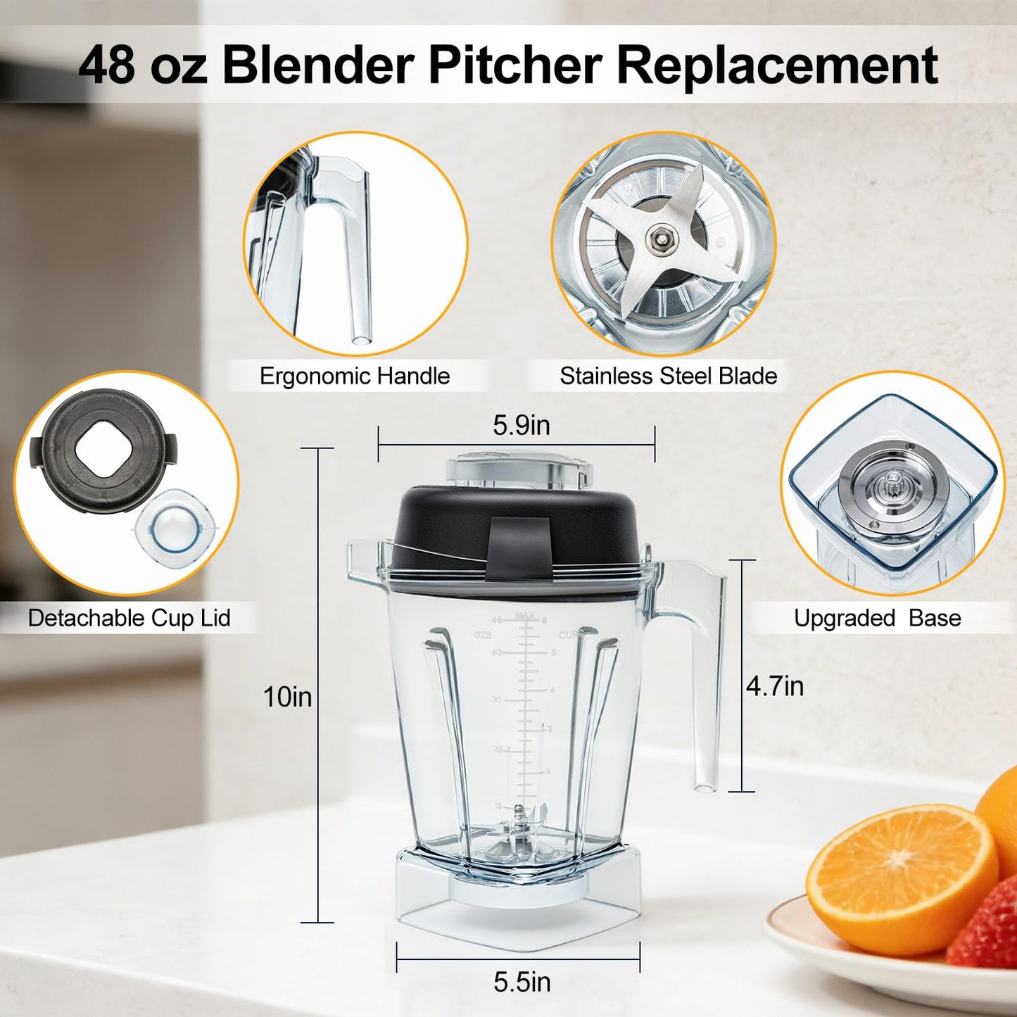 Blender Pitcher 48oz, Compatible with Vitamix 750 5300 5200 5000 7500 6300 Vm0102 Vm0103 Vm0197 E310, Venturist Laser-Cut Stainless Steel Blades BPA-Free Clear Jar