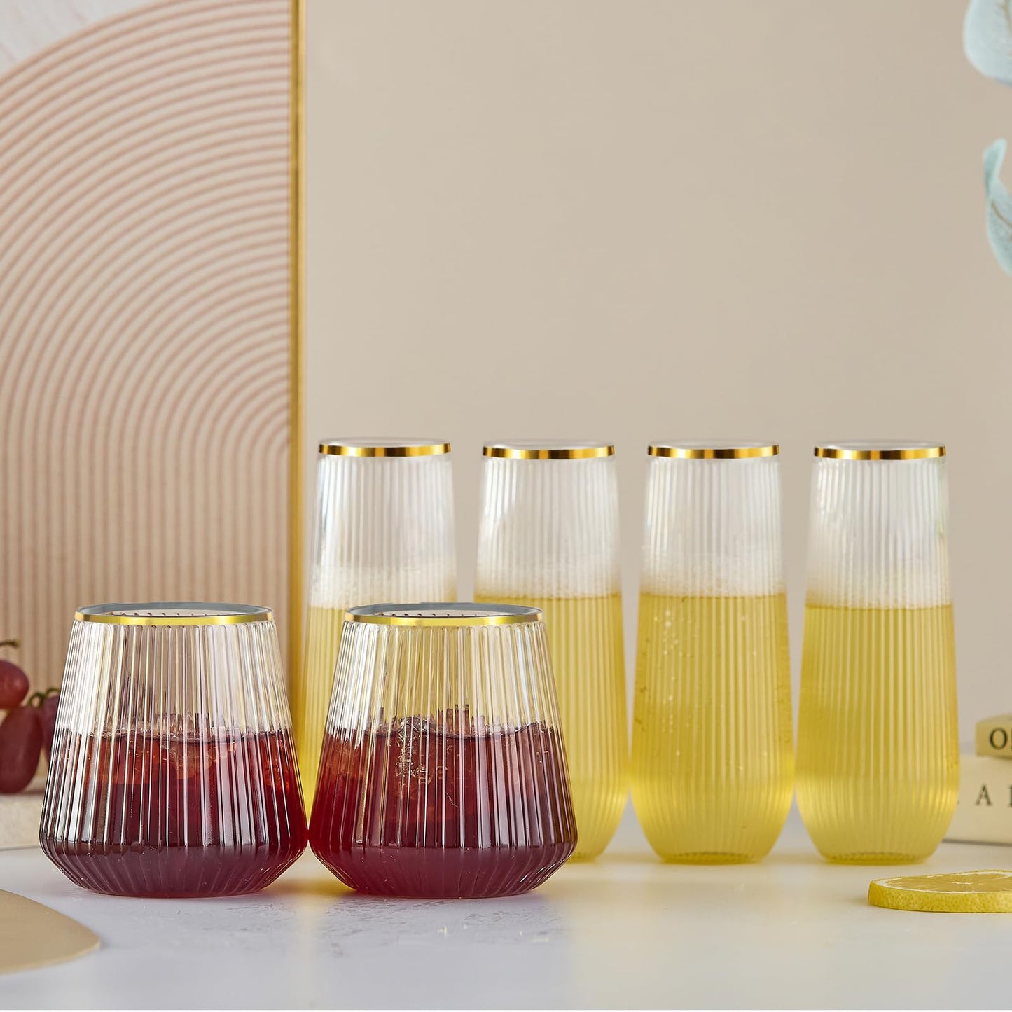 Lueumxc 56 Pack Plastic Wine Glasses Disposable Ribbed gold Champagne Flutes, 32 Pcs 9 OZ Stemless Champagne Flutes & 24 Pcs 14 OZ Disposable Wine Glasses, BPA-Free