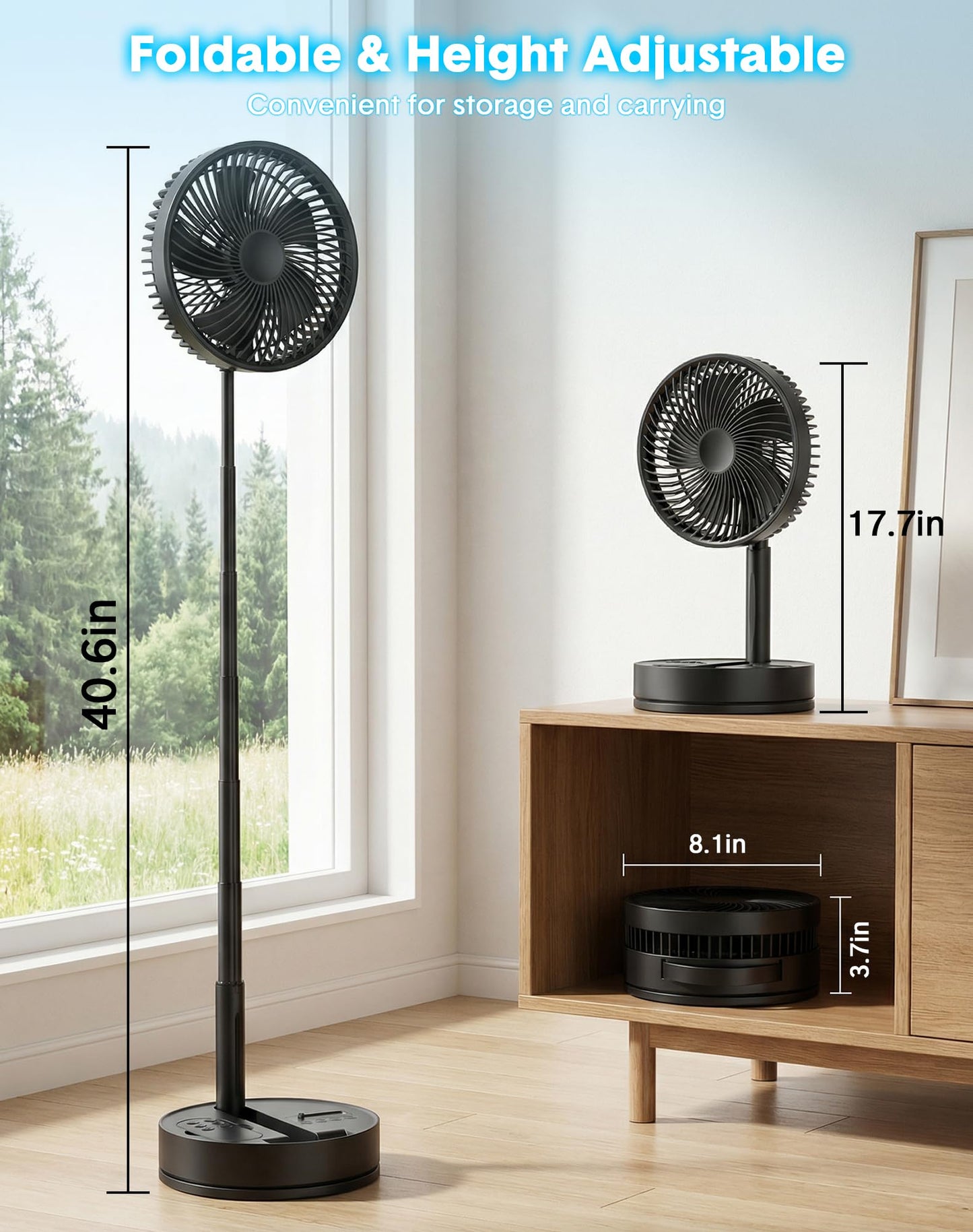 Portable Standing Oscillating Rechargeable Fan - 8" 8000mah Battery Operated USB Fans for Bedroom Quiet Remote Folding Pedestal Floor Ventilador Foldable Table Desk Room Office Camping Cruise Travel