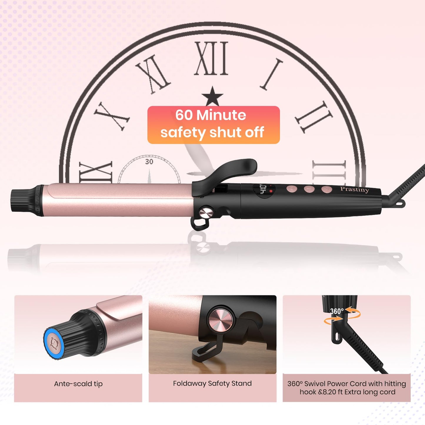 Prastiny Smart Timer Hair Curler Iron 1.25inch Ceramic Coating Large Barrel Hair Curling Wand with LCD Display and Foldaway Safety Stand Dual Voltage for Travel Medium and Long Hair