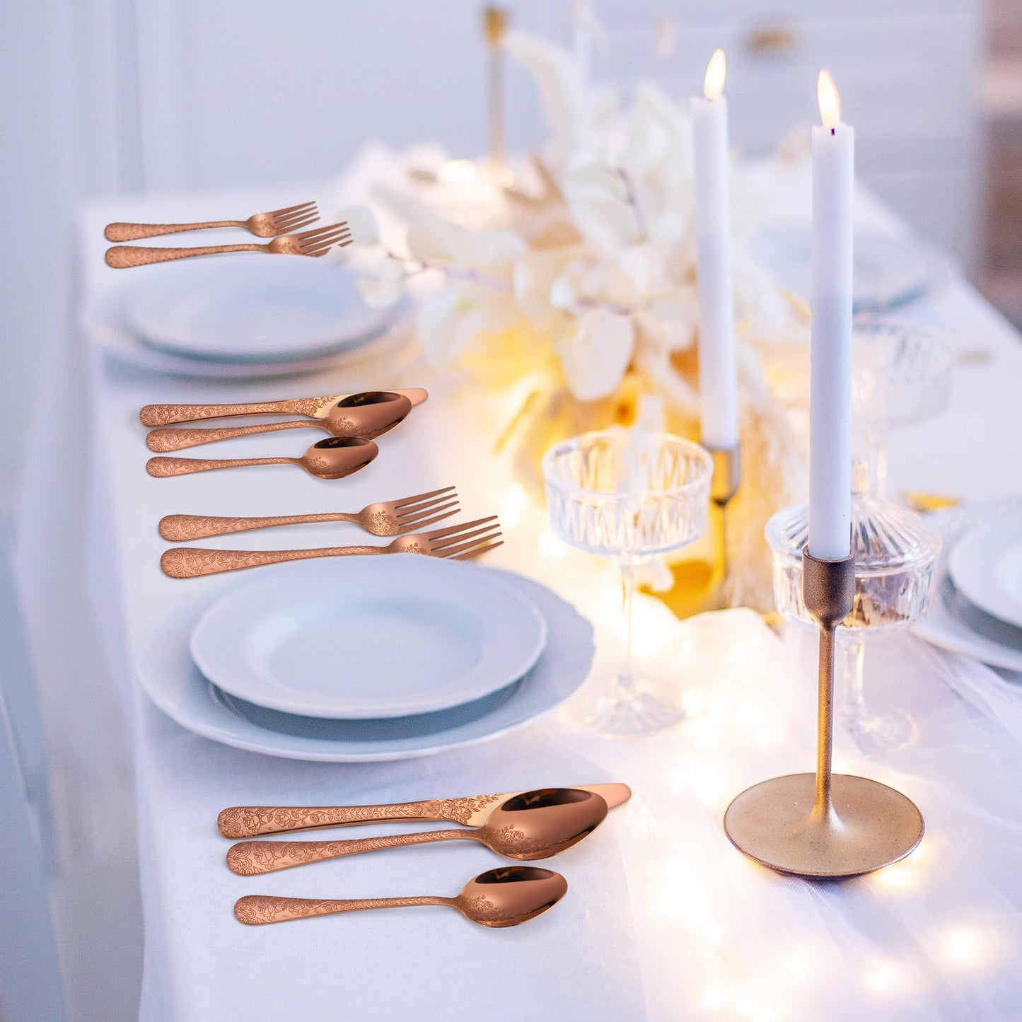A · HOUSEWARE Vintage Flatware Copper/Rose Gold Floral Silverware 30 Piece Stainless Steel Set for 6 Cutlery Utensils Unique Embossed Pattern Design Elegant Home Kitchen Restaurant Festival Parties…