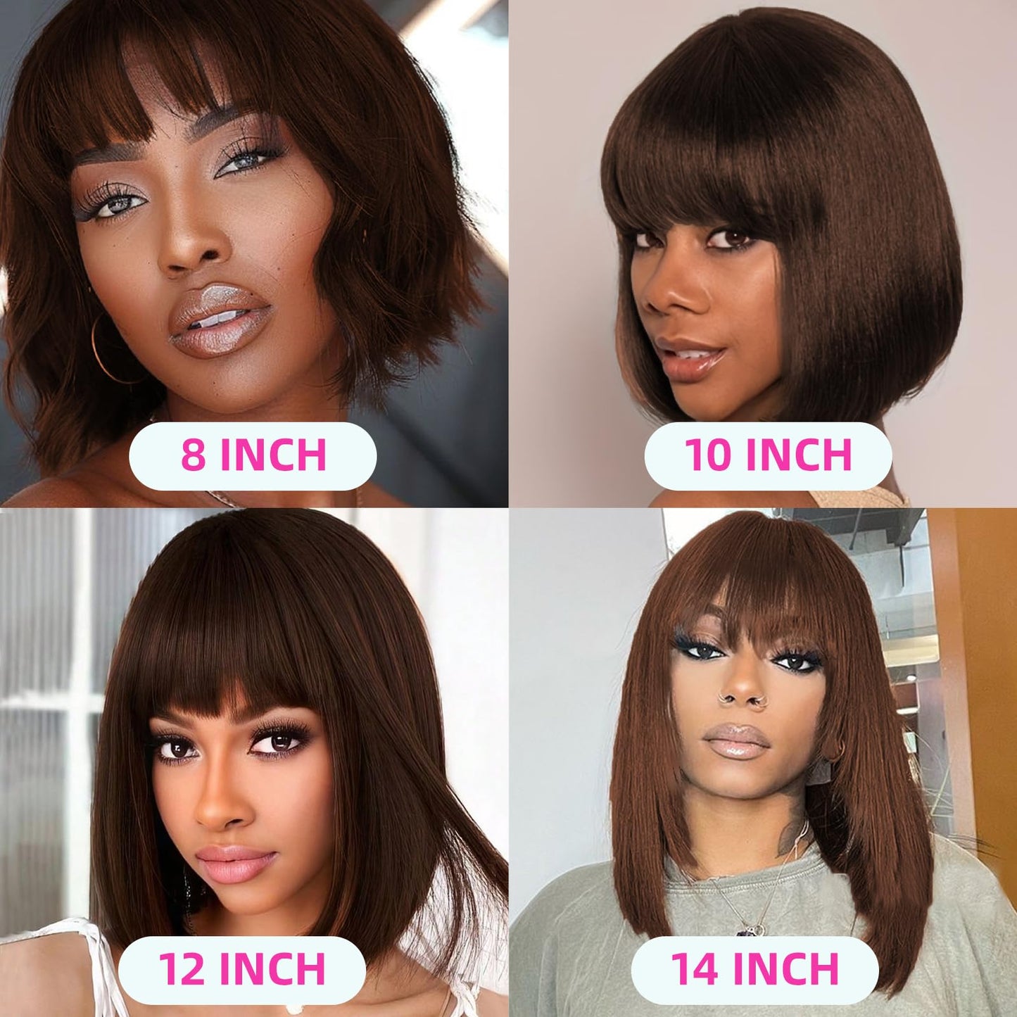 Rebasar Chocolate Brown Short Bob Wigs Human Hair Wear and Go Bob Wig With Bangs Human Hair Wigs for Black Women Human Hair Glueless Brazilian Straight Hair None Lace Front Wig Dark Brown 8 Inch
