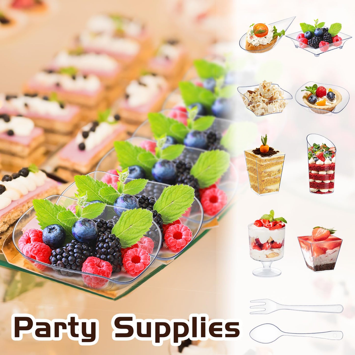 Tessco for you 800 Pcs Mini Appetizer Plates Dessert Cups Spoons Forks Set Dessert Containers Assorted Shape Plastic Parfait Cups Disposable Spoon Forks for Party Serving (Clear)