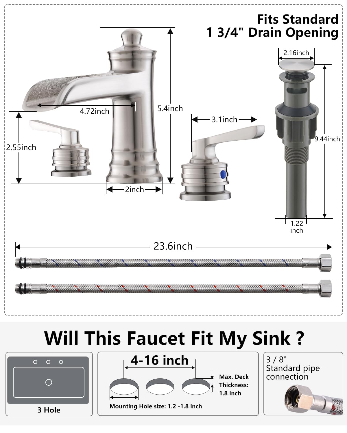 Fapully Brushed Nickel Bathroom Sink Faucet, Waterfall Bathroom Faucets 3 Hole, 8 Inch Widespread Bathroom Faucet with Pop-up Drain, 2-Handle Faucet for Bathroom Sink Vanity RV