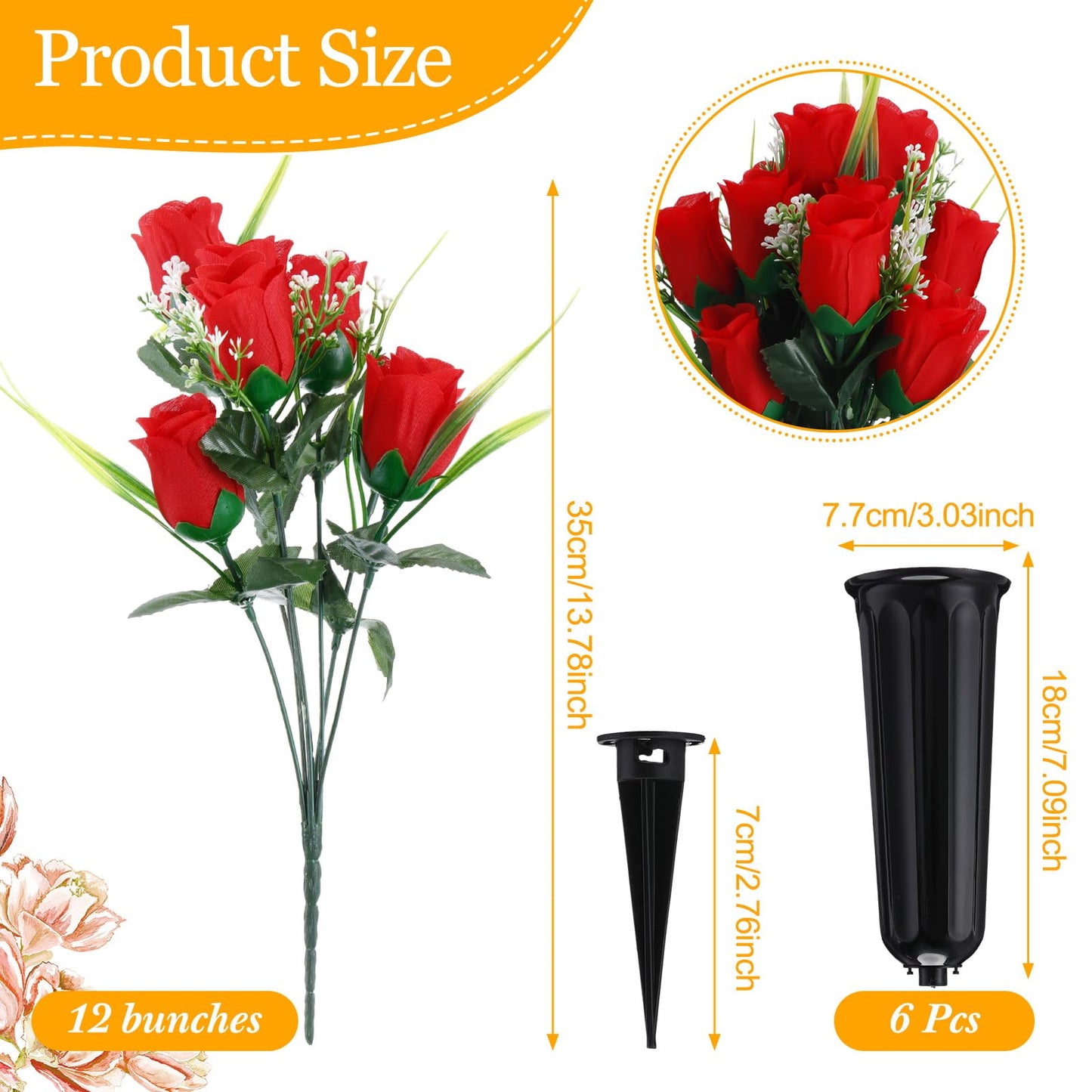 Tigeen 6 Sets Father's Day Cemetery Flowers with Grave Vase 12 Bunches Artificial Rose Memorial Bouquet 84 Heads Fake Silk Flower for Dad Gravesite Graveside Decor(Red)