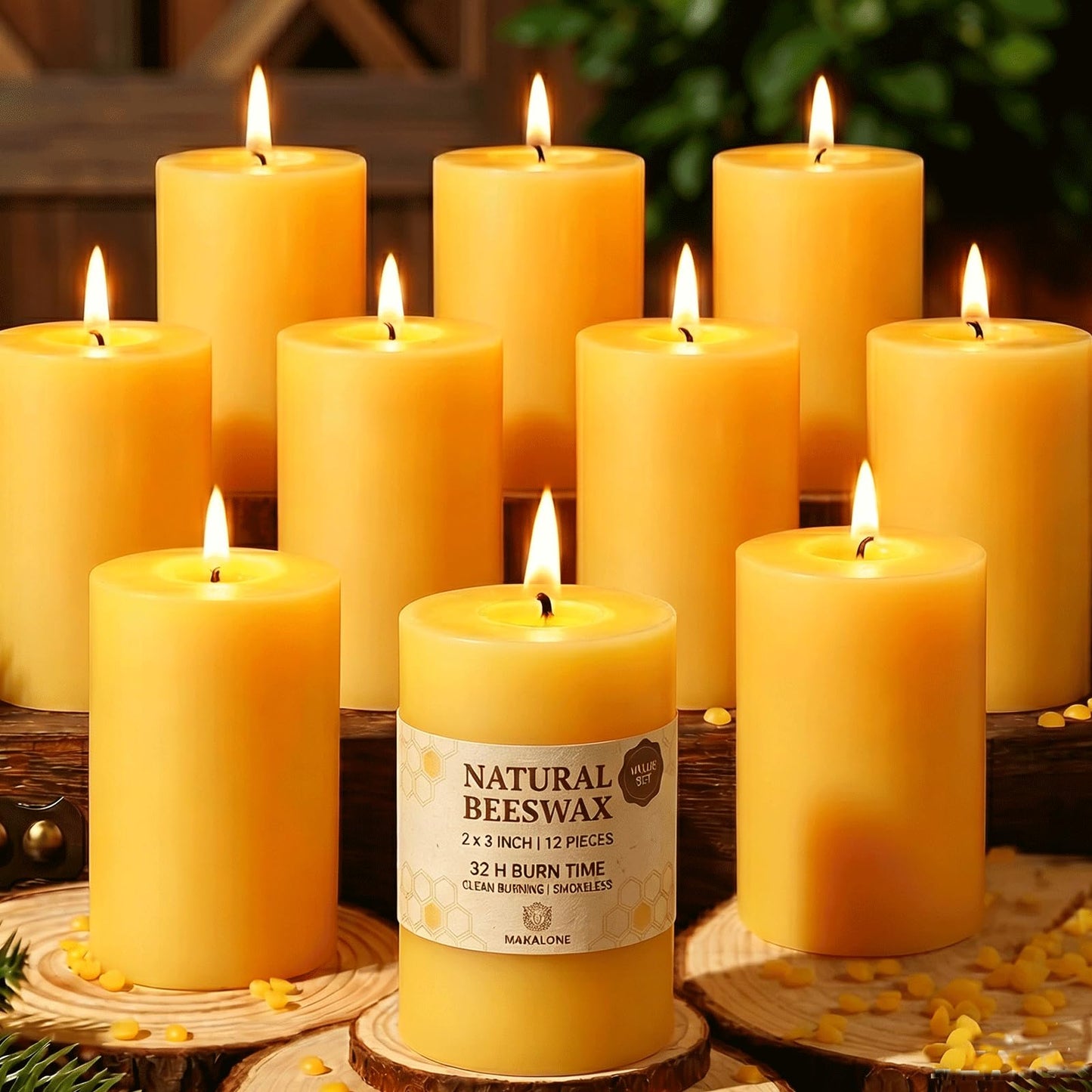 12 Pack Beeswax Candles,384 Hours Total Burn Time-2x3in,100% Pure Beeswax Pillar Candles,Unscented Bees Wax Candles for Home,Prayer,Emergency,Dripless Smokeless Pillar Candles Bluk
