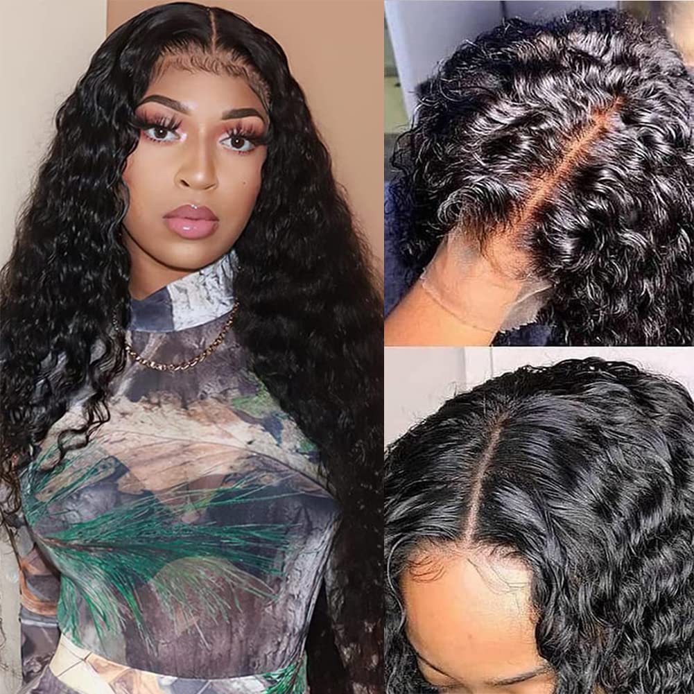 ObeyHeart Deep Wave Middle Part HD Transparent Lace Front Wigs Human Hair Natural Black Color 180% Density Brazilian Human Hair Wigs for Black Women Curly Lace Front Wig Human Hair(24 Inch)