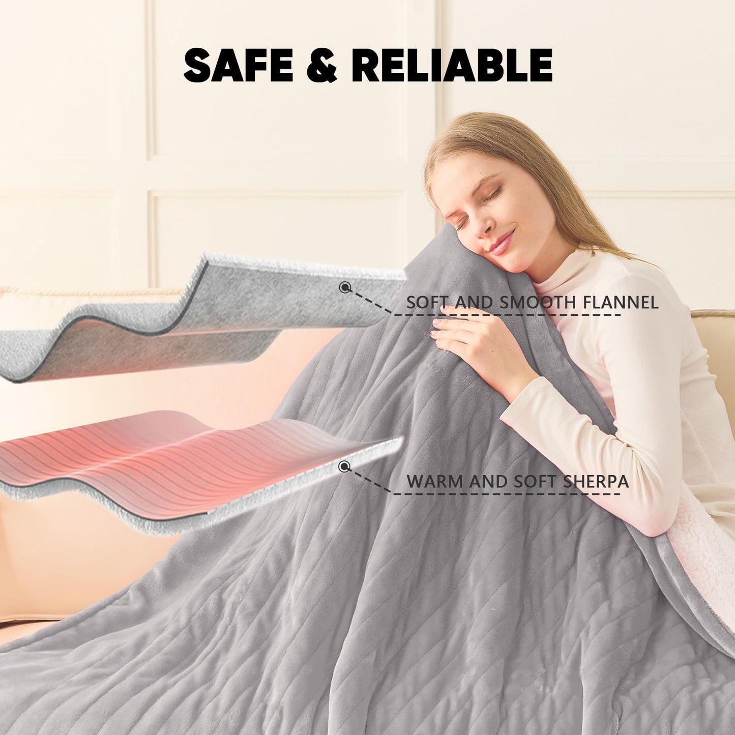 greenoak Heated Blanket Electric Queen Size 84"X90" Dual Control, Heating Blanket with 10 Heat Levels 8 Hours Auto-Off, Fleece Soft Gifts for Grandma Seniors Mom,Misty Grey