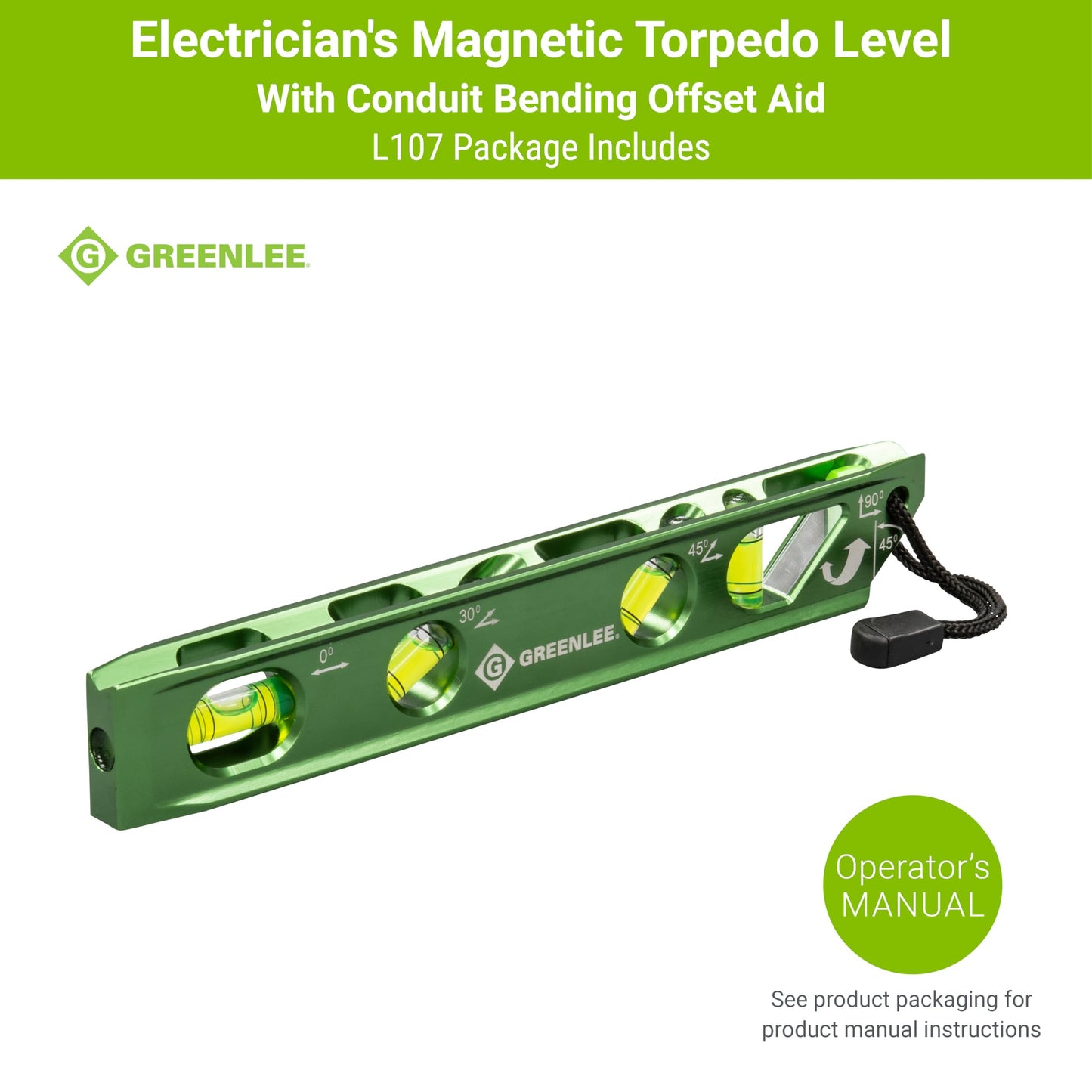Greenlee L107 Electrician's Magnetic Torpedo Level with Conduit Bending Offset Aid, Green