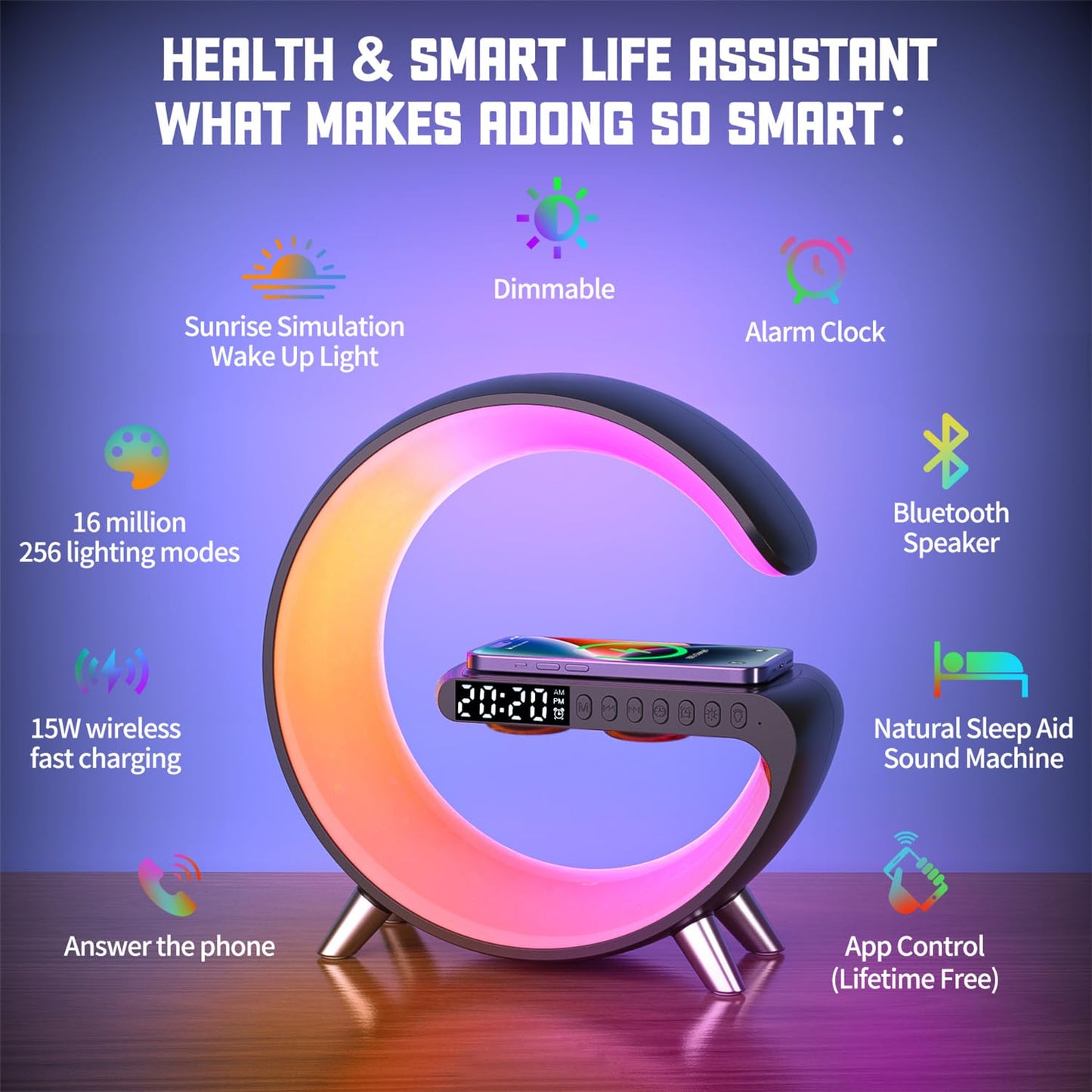 Smart LED Table Lamp, 4-in-1 Wireless Charger, Night Light, Alarm Clock, Bluetooth Speaker with App Control, Bedside Lamp with Charging Station for Bedroom, Office, Home Decor, Teen Girls Boys Gifts