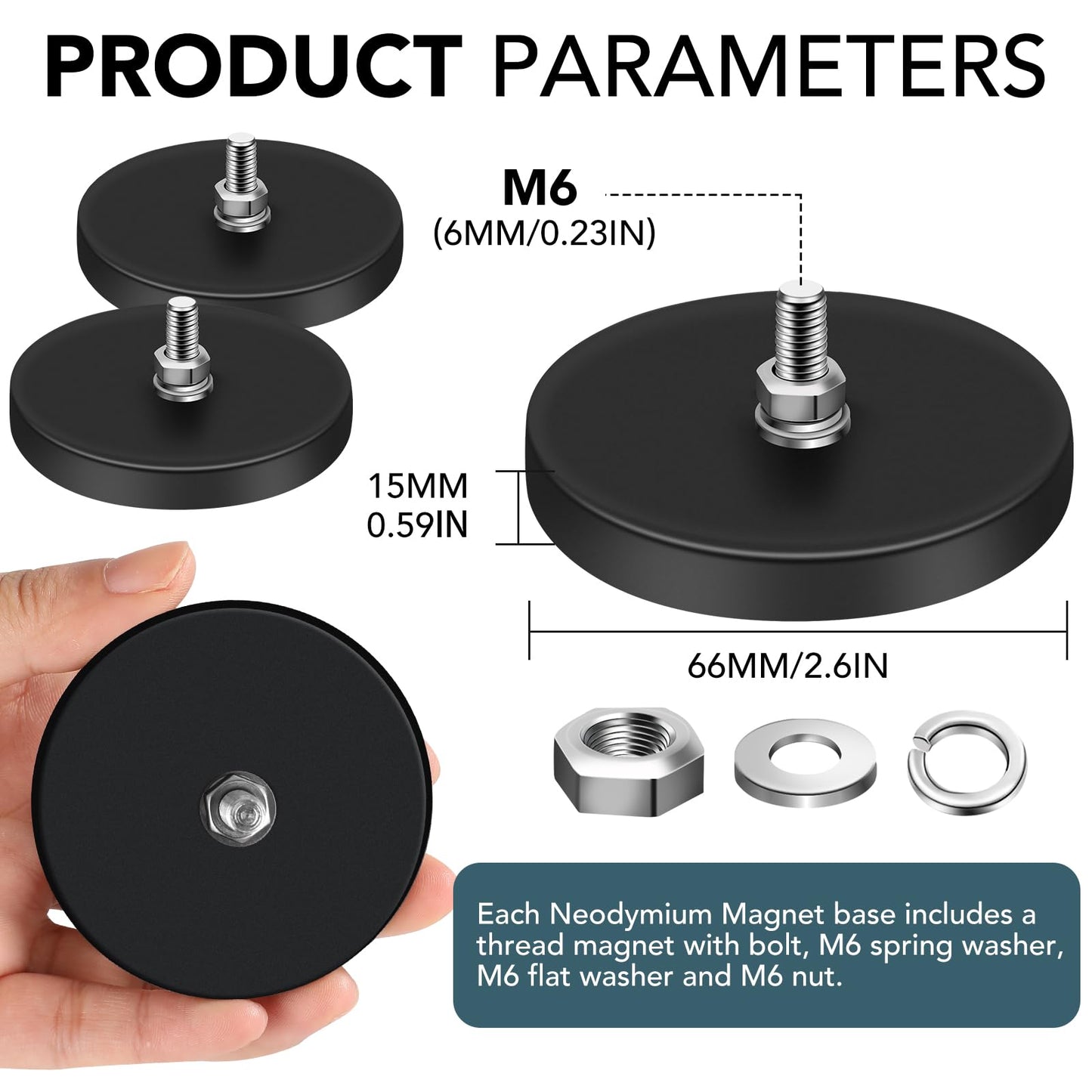 DIYMAG Rubber Coated Magnets, 65LBS Anti-Scratch Neodymium Magnet Base with M6 Threaded Studs and Nuts，Strong Magnets Hold with Black Rubber Coating for Light Bar Mirror Camera Tool 12 Pack