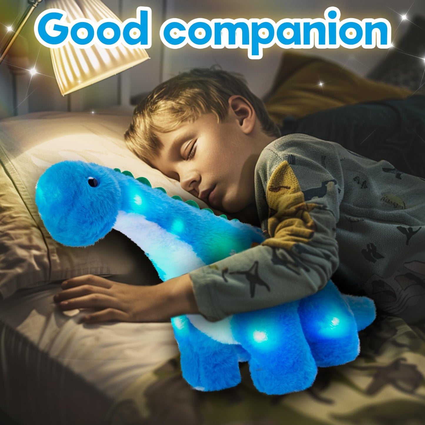 Houwsbaby Light up Dinosaur Diplodocus Stuffed Animal Floppy LED Plush Toy Night Lights Glow Pillow Long Neck Birthday Gifts for Kids Toddler Girls and Boys, Blue, 10.5’’