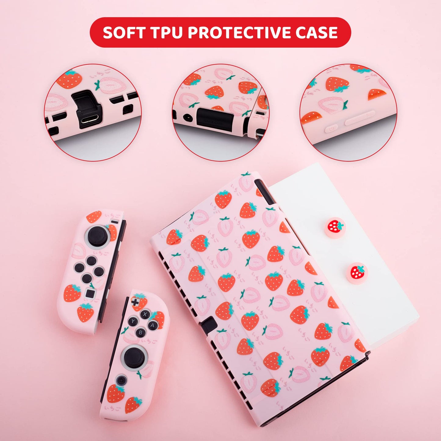 RHOTALL Strawberry Theme Carrying Case Set for Nintendo Switch OLED, Cute Accessories Bundle for Switch OLED with TPU Protective Shell, Adjustable Shoulder Strap, Screen Protector and 2 Thumb Caps