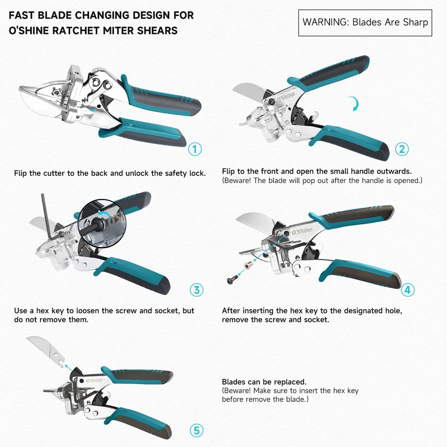 O’Shine Ratchet Miter Shears Expert for Angular Cutting Molding Crafting Wood, Quarter Round Cutting Tool, 45-135 Degree Multi Angle PVC Miter Shear Trim Cutter Hand Tool, w/Extra Four Anvils & Blade