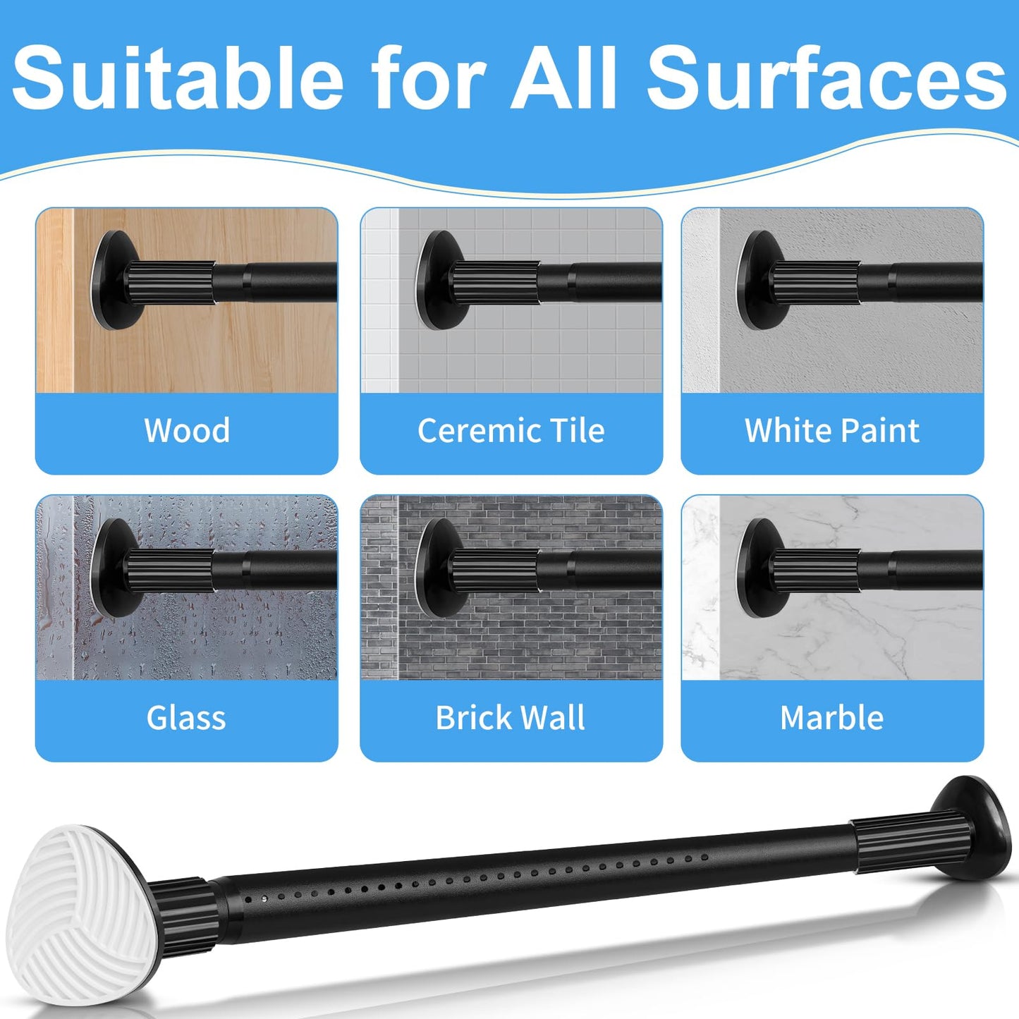 Tension Curtain Rod 51-165 Inch, Extra Long Curtain Rod No Drilling for Window or Bathroom, Outdoor Curtain Rods for Patio, Easy to Install, Never Rust, Rod Diameter 1.26 Inches-Black