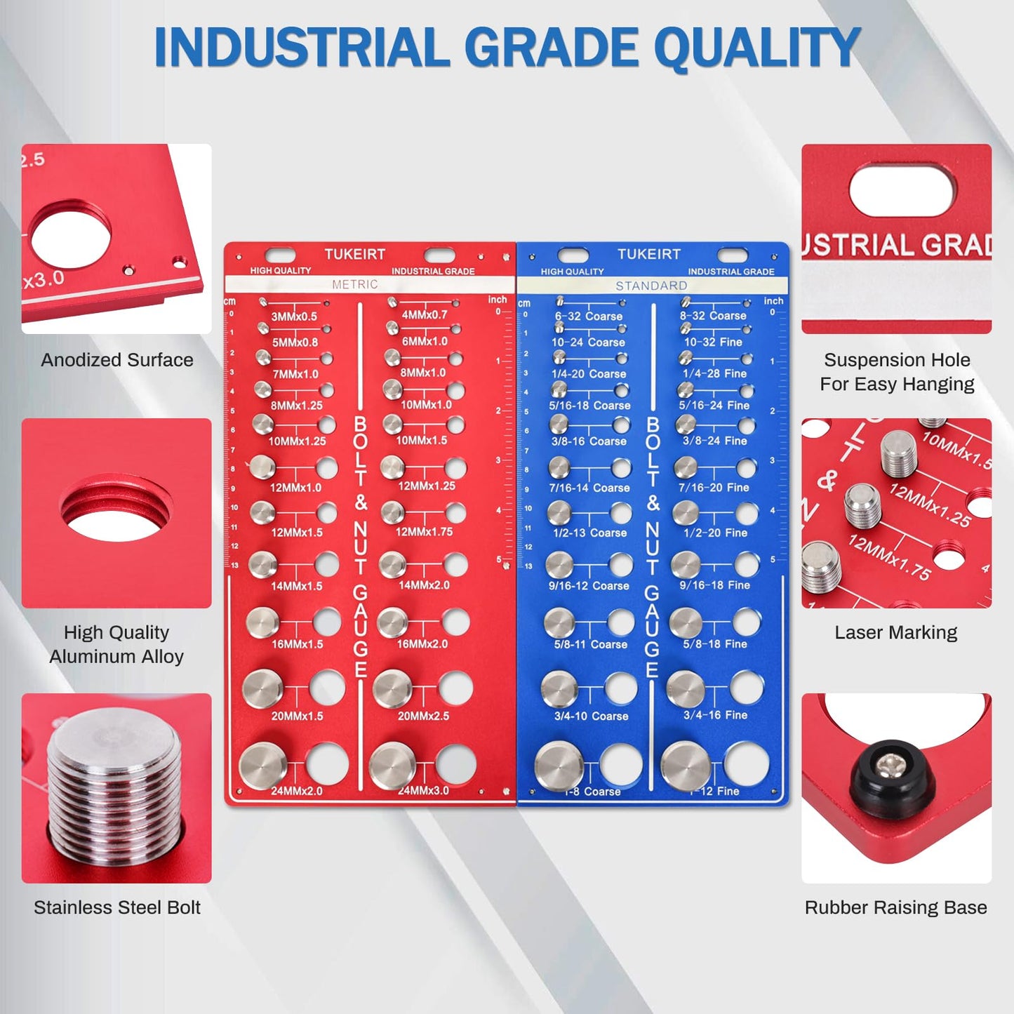 44 Nut and Bolt Thread Checker, 2 in 1 Bolt and Nut Identifier Gauge, Bolt Size and Thread Gauge with Metric and Standard,Inch and Centimeter Double Scale (Red + Blue)