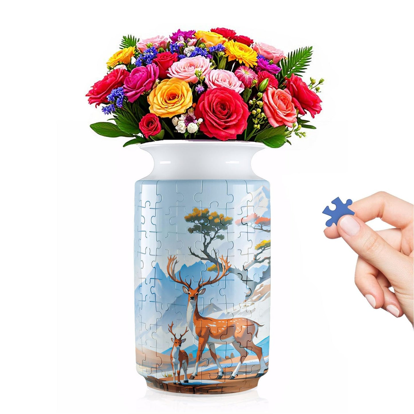 3D Puzzle Vase for Adults, 162-Piece Unique Curved Plastic Flower Vase,House Warming Gift for Flower Arrangements and Home Decor, for Mom (Blue Deer)