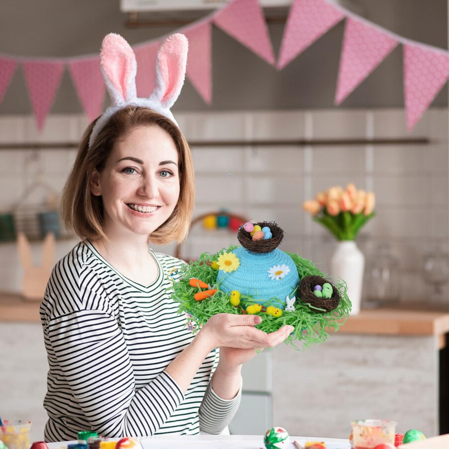 HFYZZ Set of 3 DIY Easter Bonnet Kit - Make Your Own Easter Bonnet Hat Art Project Set Including Straw Hats Chicks Bunnies Carrots Eggs Nests Grass Flowers for DIY Easter Party Decoration