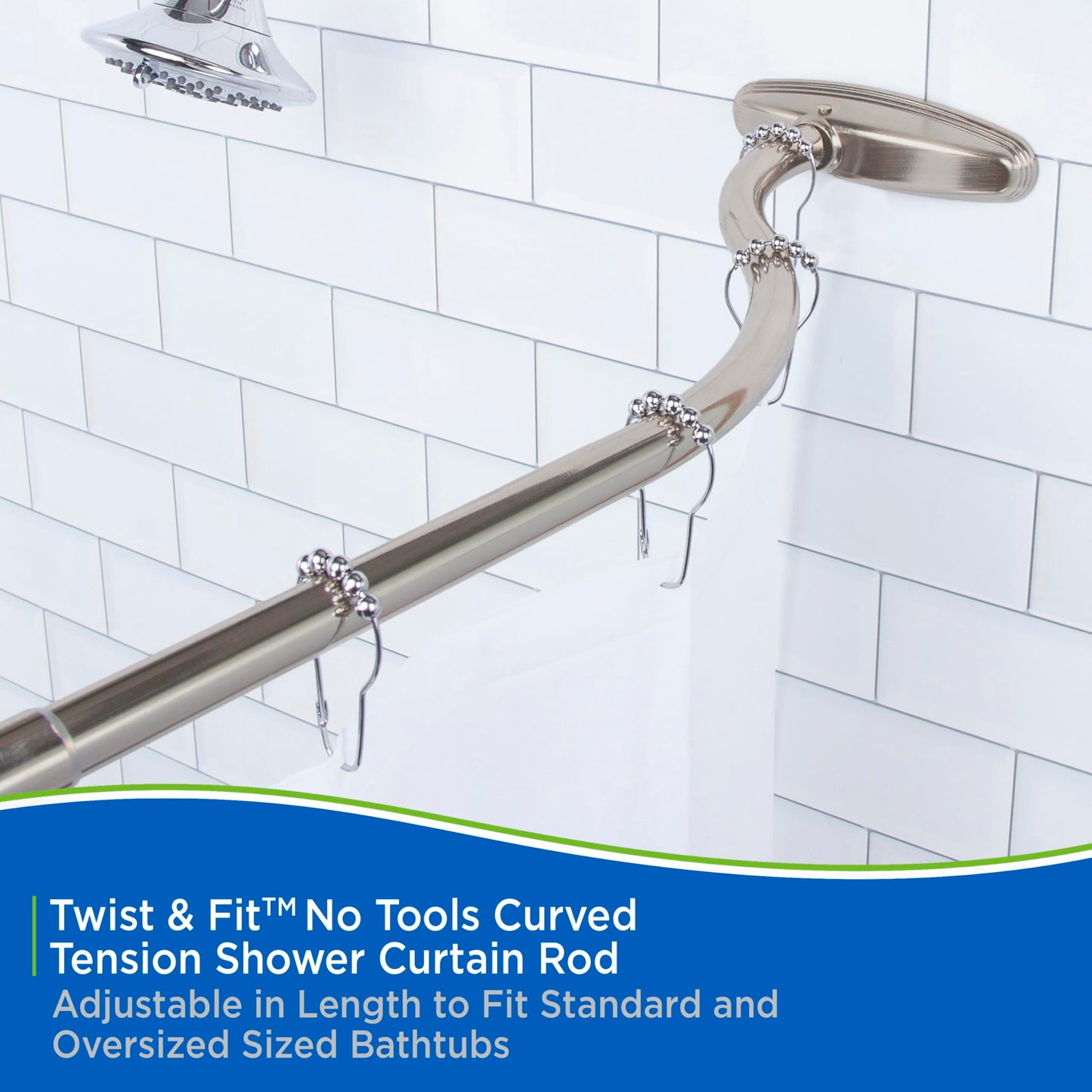Kenney KN60961 Twist & Fit No Tools Camlock Tension 6" Curved Shower Curtain Rod with Non-Slip, Non-Scratch Ends, 57-72" Adjustable Length, Brushed Nickel, 1" Diameter Rust Resistant Steel Tube