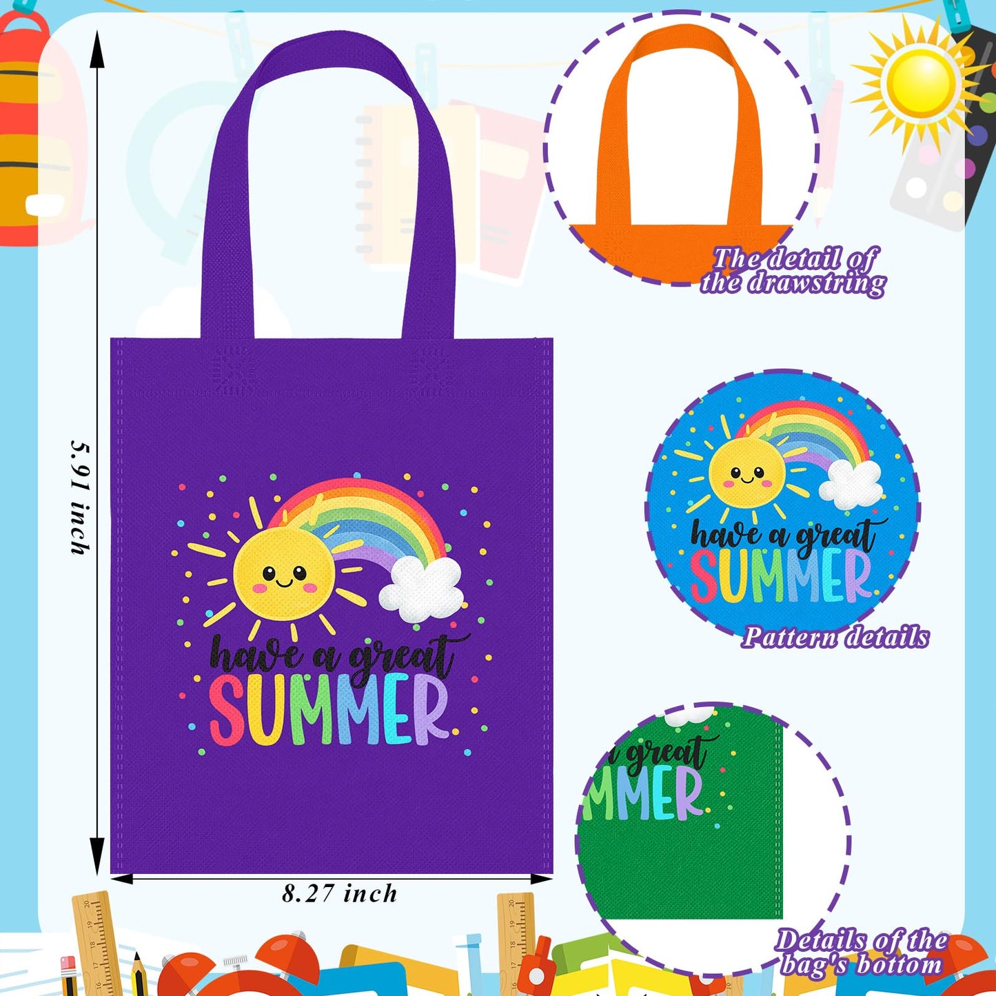 Dansydaisy 48 Pcs End of the Year Non Woven Gift Bags Rainbow Totes with Handles Treat Bag for Summer Party Birthday Supplies (Summer)