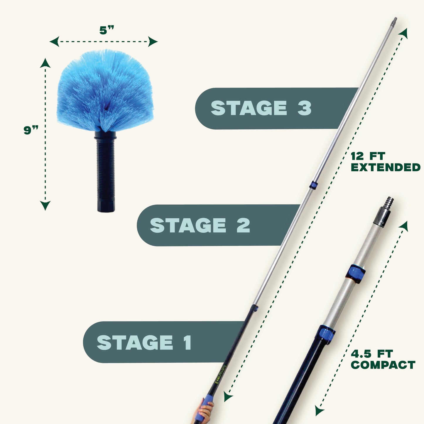 EVERSPROUT 5-to-12ft Telescoping Durable Duster with Extension Pole – Lightweight 3 Stage Cobweb Duster – Extendable to 20ft Reach for Cleaning High Ceilings and Spider Webs