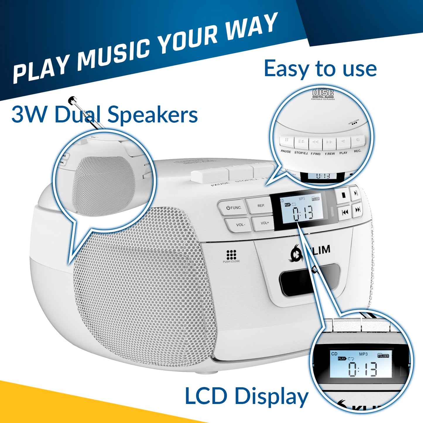KLIM CD Player & Cassette Tape Player, Bluetooth Boombox, AM/FM Radio, Stereo Sound, Remote, CD and Cassette Combo, Tape Recording, USB Drive, AUX, AC/DC Powered - White