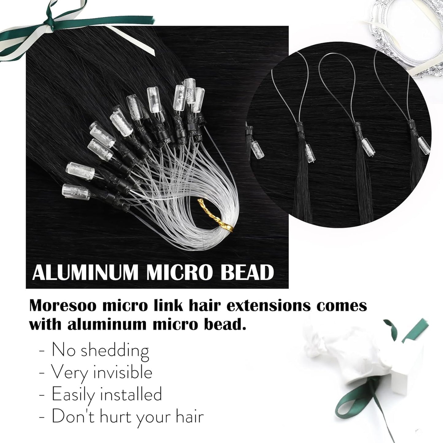 Moresoo Microlink Hair Extensions Human Hair Jet Black Micro Bead Hair Extensions Real Human Hair Black Micro Link Hair Extensions Micro Loop Hair Extensions Real Human Hair Black #1 50G/50S 24Inch