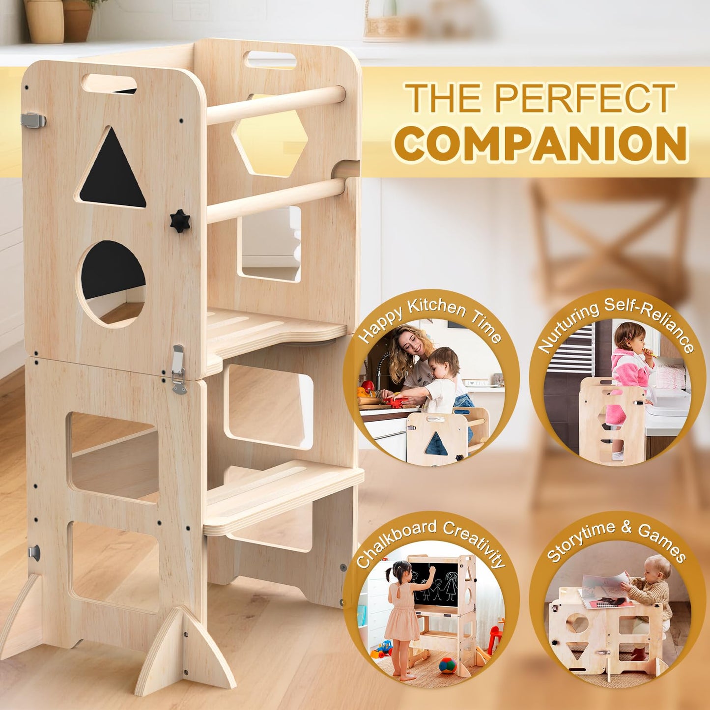 Woodure 3-in-1 Toddler Kitchen Step Stool, Foldable Learning Standing Tower with Blackboard, Wooden Kitchen Stool Helper for Kids