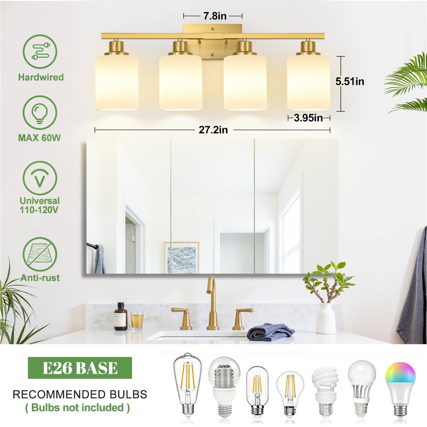 MOKATNG 4-Light Bathroom Light Fixtures, Brushed Gold Vanity Light with Milky White Shades, Bathroom Lighting Fixtures Over Mirror, Modern Bathroom Wall Lamp for Mirror Living Room Cabinet Bedroom