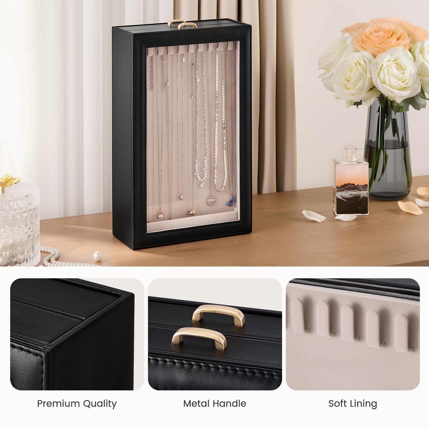 Lolalet Necklace Organizer Box, Jewelry Storage Box with Clear Window for Necklaces Bracelets, Tangle-Free Necklace Display Case for Women Girls, Black, 2 Layers 20 Hooks