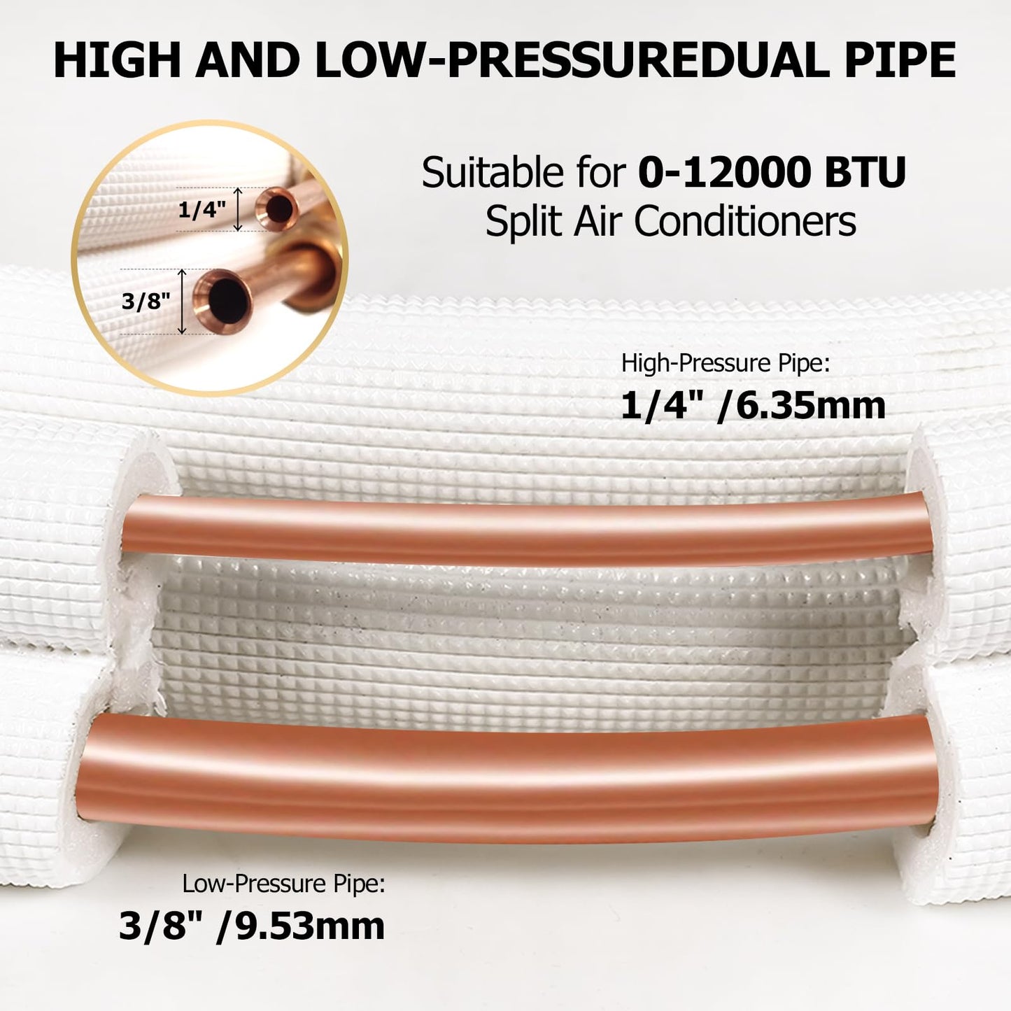 RUNZEG 10FT Mini Split Line Set 1/4" & 3/8" O.D Copper Pipes Tubing with Nuts & Installation Kit, 3/8" White Thickened PE Insulation Coil for Air Conditioning or Heating Pump Equipment & HVAC