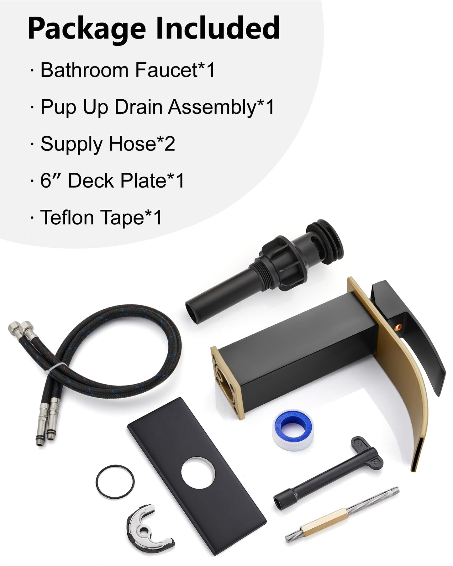 Midanya Bathroom Sink Faucet Single Handle Suitable for 1 or 3 Holes with Deck Plate and Pop-Up Drain,Waterfall Bathroom Faucets for Vanity,Basin,Rv,Lavatory Sink,Brushed Gold Spout/Matte Black
