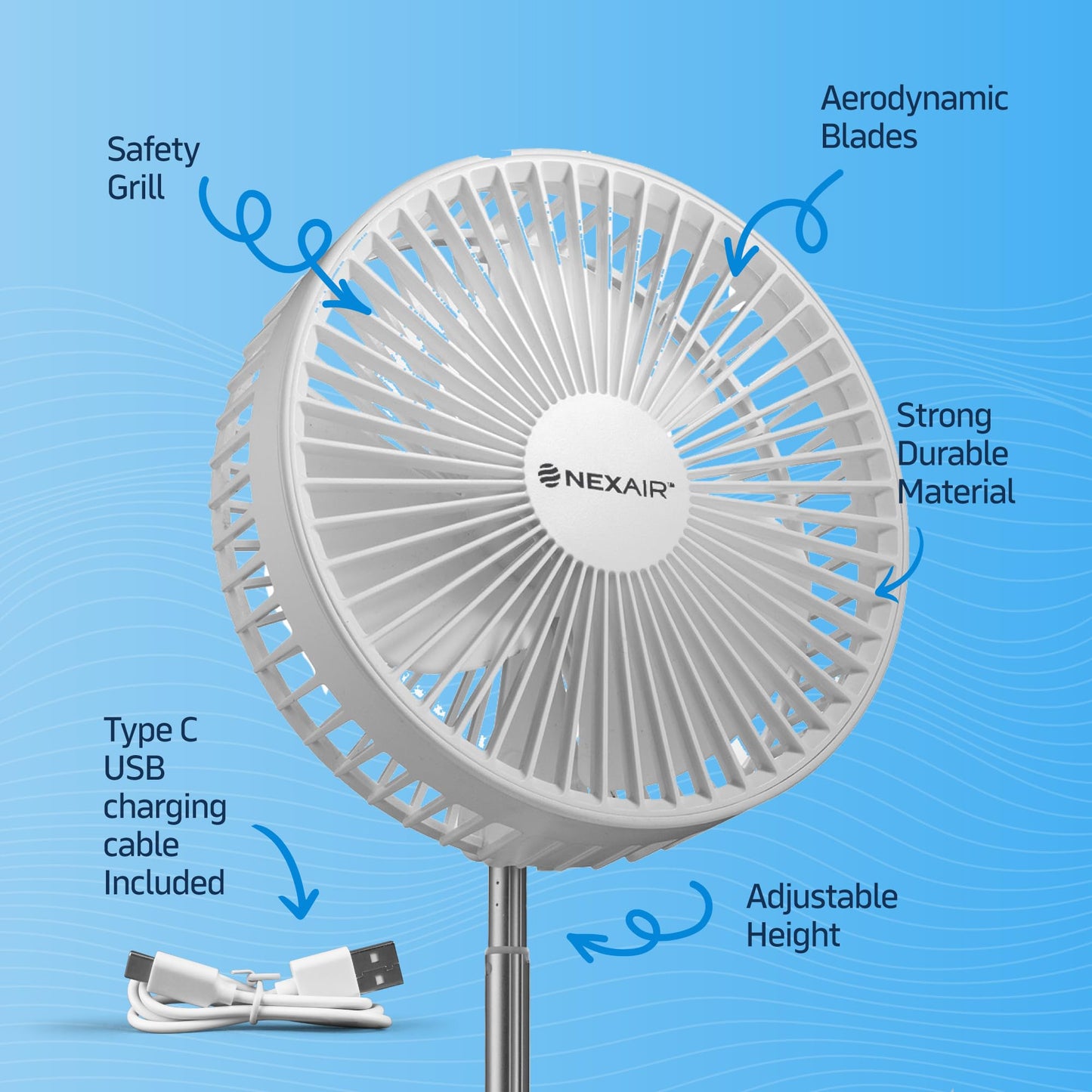 NEXAIR Premium 8" Foldable 4 Speed Portable Fan with Adjustable Height 14” – 39.5 in, Rechargeable Folding Fan For Home And Office, Quiet Floor Fan For Bedroom, Battery Operated Fan For Travel