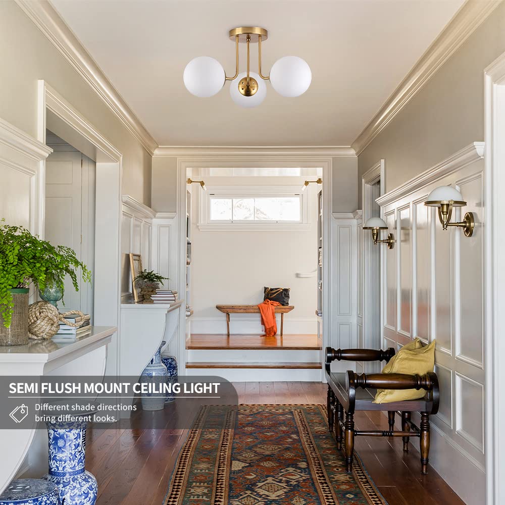 KoKo&Yukina 3-Light Semi Flush Mount Ceiling Light Globe Ceiling Light Mid Century Ceiling Light with Opal Milk Glass Globe & Brushed Brass for Bedroom Hallway Entryway Kitchen Living Room-Bulb Incl