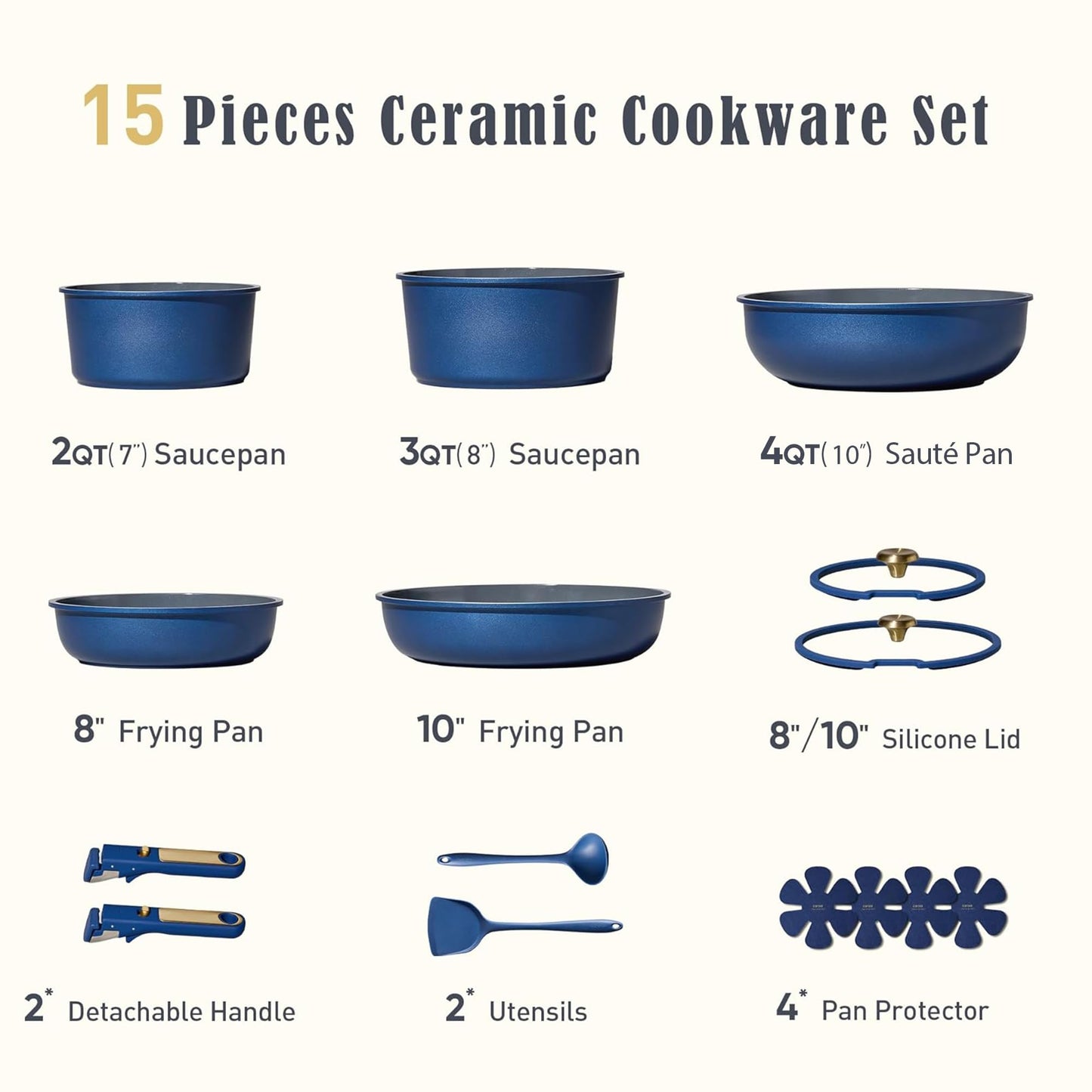 CAROTE Blue&Gold Ceramic Cookware Set Non Toxic, PFAS Free,15Pcs Pots and Pans Set Non Stick Detachable/Removable Handle,Kitchen Cooking Set Dishwasher Safe, Nonstick Pot and Pan, Induction Cookware