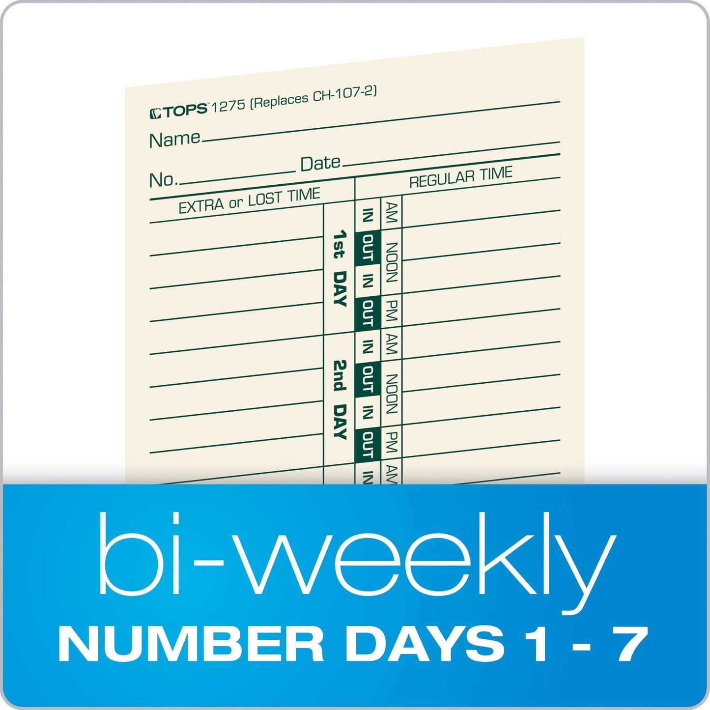 TOPS Time Cards, Bi-Weekly, 2-Sided, Numbered Days, 3-1/2" x 9", Manila, Green/Red Print, 500-Count (1275)