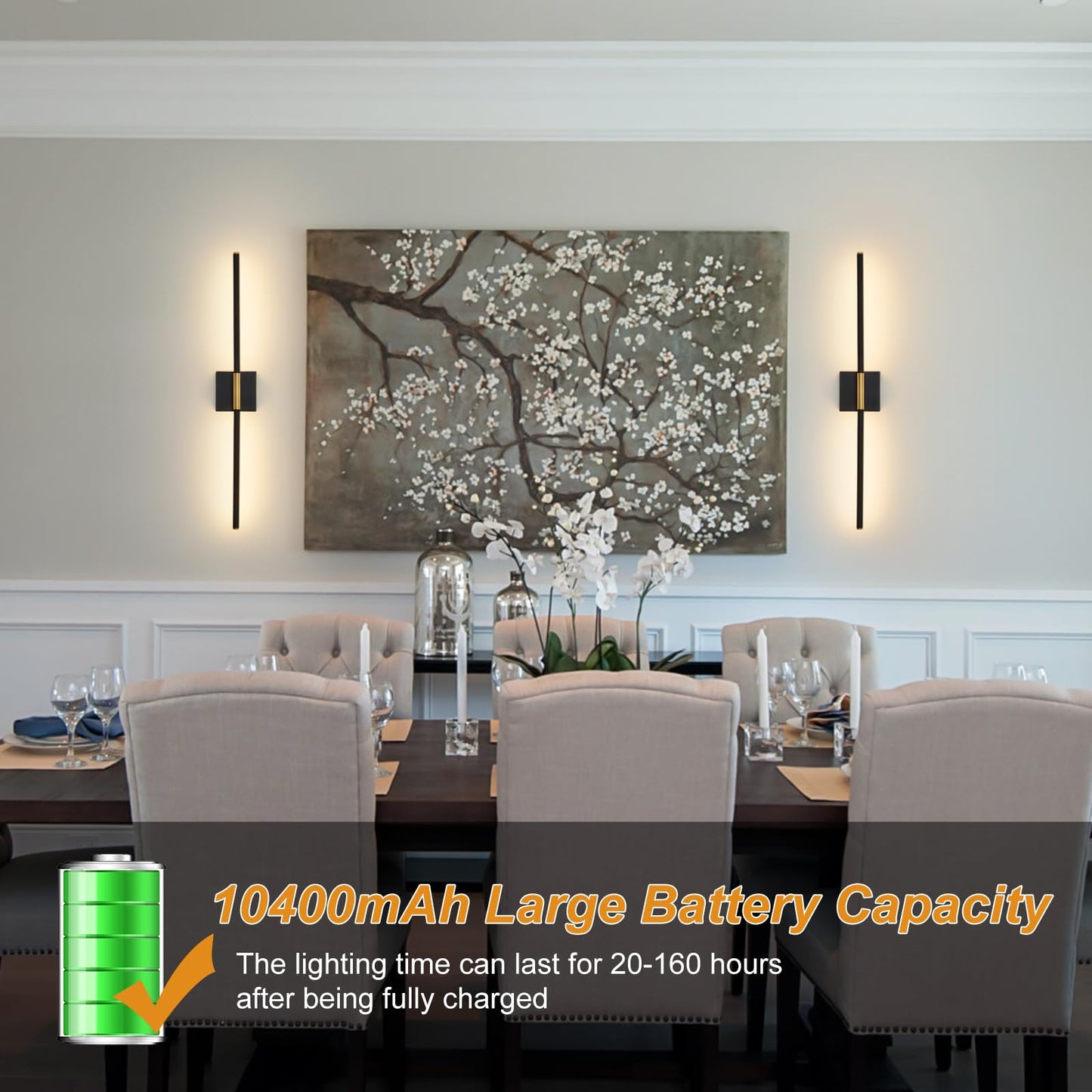 LED Wireless Wall Sconces Set of Two Dimmable Battery Powered Wall Sconce with Remote Control 360°Rotate Black Gold Cordless USB Rechargeable Wall Light for Living Room Bedroom Hallway 32 Inch 2 Pack