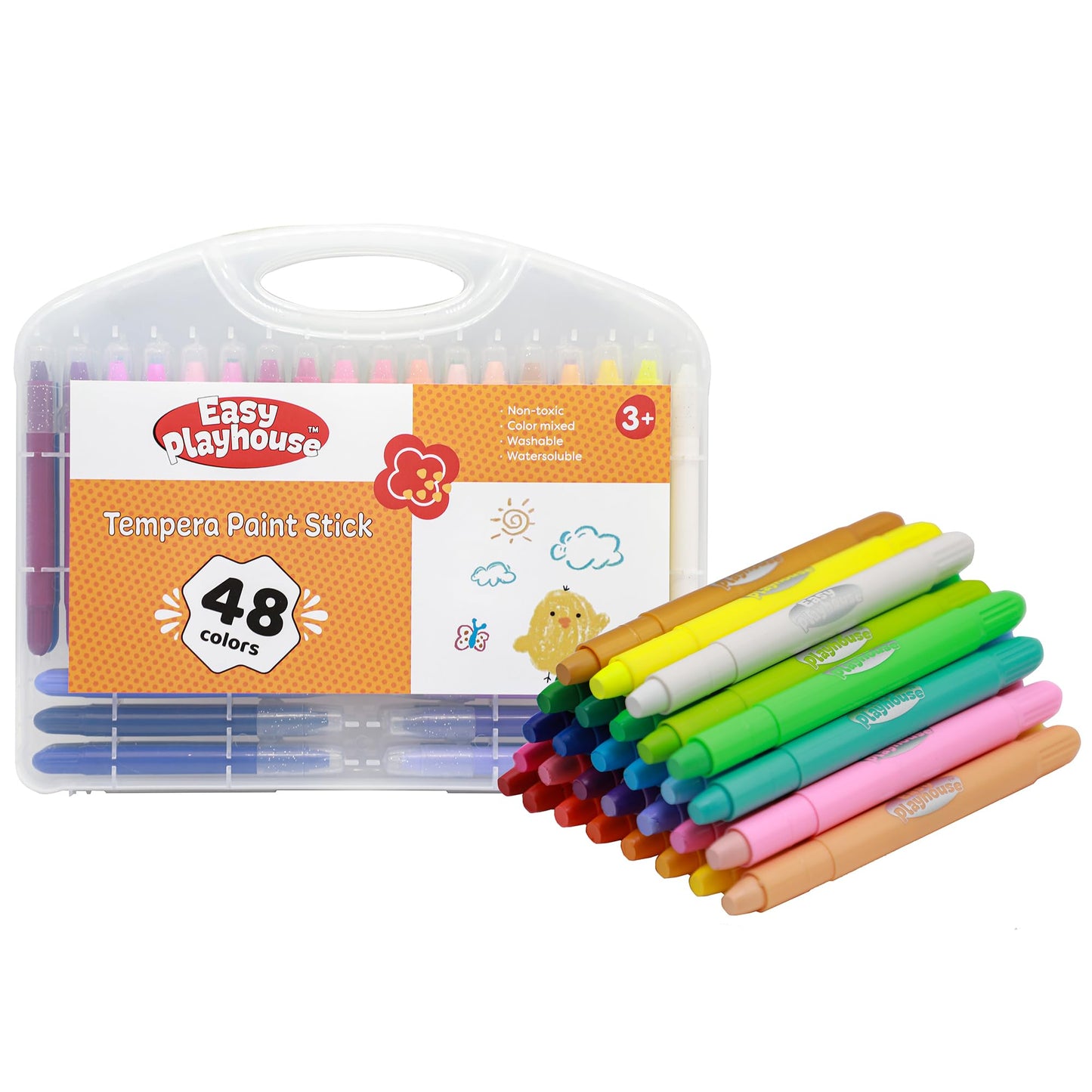 Shanghai Yiren Machinery Easy Playhouse: Tempera Paint Sticks - 48pk, Vibrant Color Set, Non-Toxic, No Mess, Washable, Water Soluble, Quick Drying, Art-Craft Supplies, Kids 3+