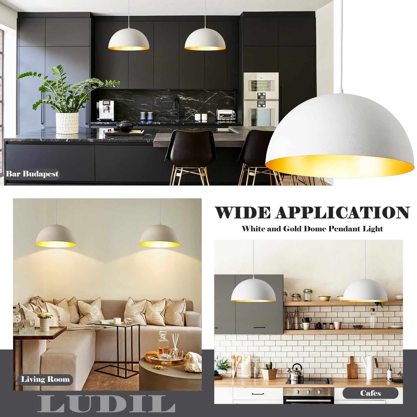 16” Large Dome Pendant Light Fixtures, White and Gold Hemispheric Pendant Lights Kitchen Island, Modern Adjustable Hanging Ceiling Light Chandelier for Kitchen Island Living Room Dining Room, 2 Pack