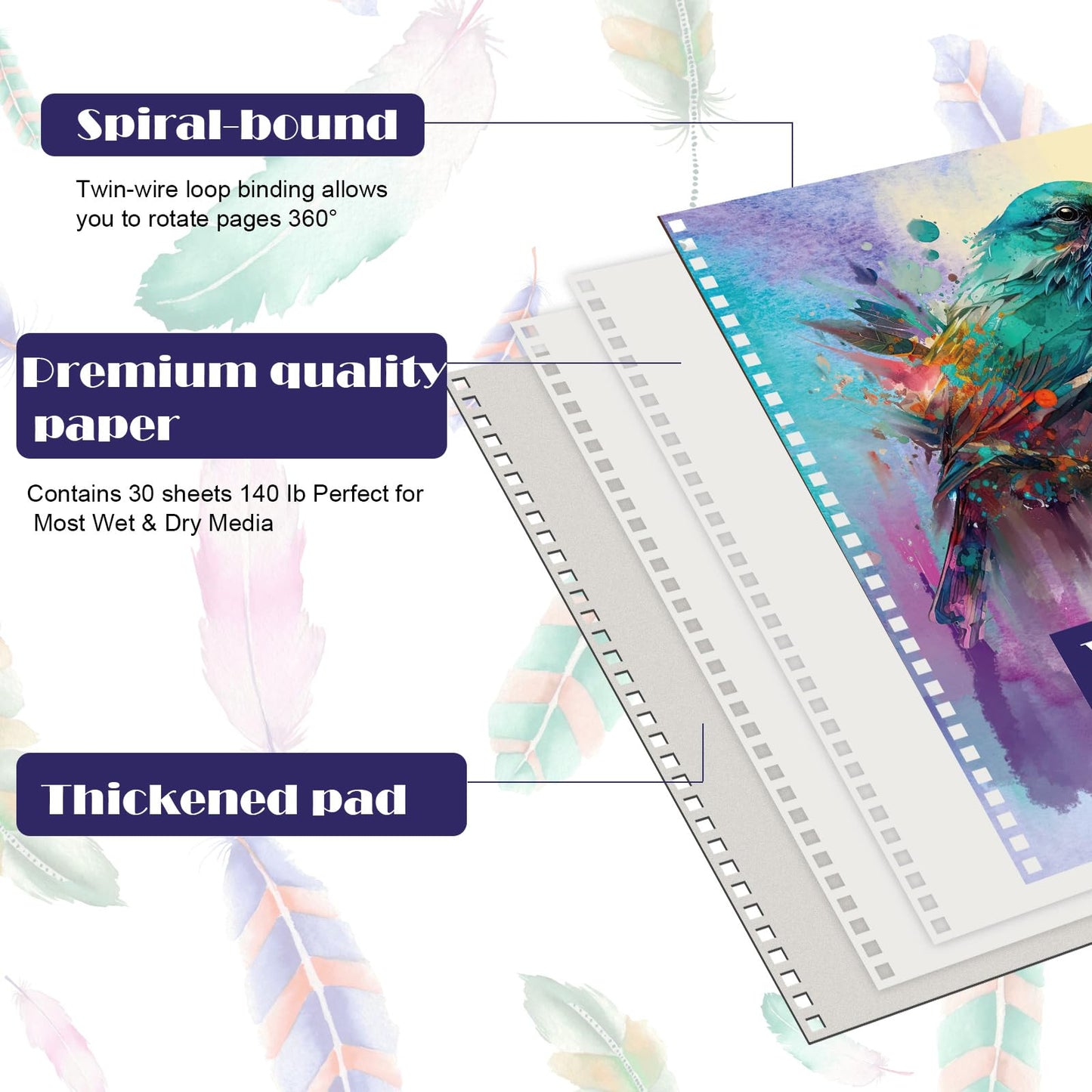 Jetec 12 Pcs 5.5 x 8.5 Inch Watercolor Paper Pad 140lb 300gsm Watercolor Pads Acid Free Paper 30 Sheets Each Spiral Bound for Painting Pencil Ink Charcoal Pastel Acrylic Wet Dry Media Artist Students