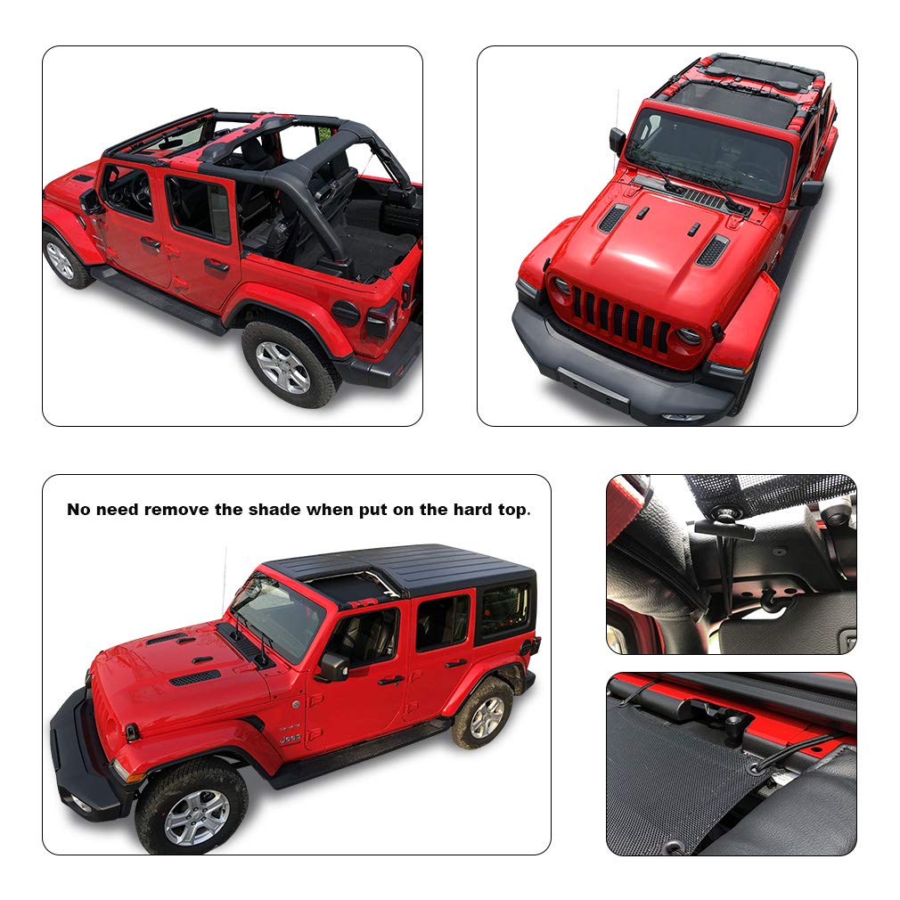 Shadeidea Sun Shade Top for Jeep Wrangler Sunshade JL Unlimited 4 Door, Front and Rear 2 piece - Mesh Screen Sunshade JLU, 2018-2023 Top Soft Roof UV Blocker with Grab Bag - 10 Year Warranty (Black)