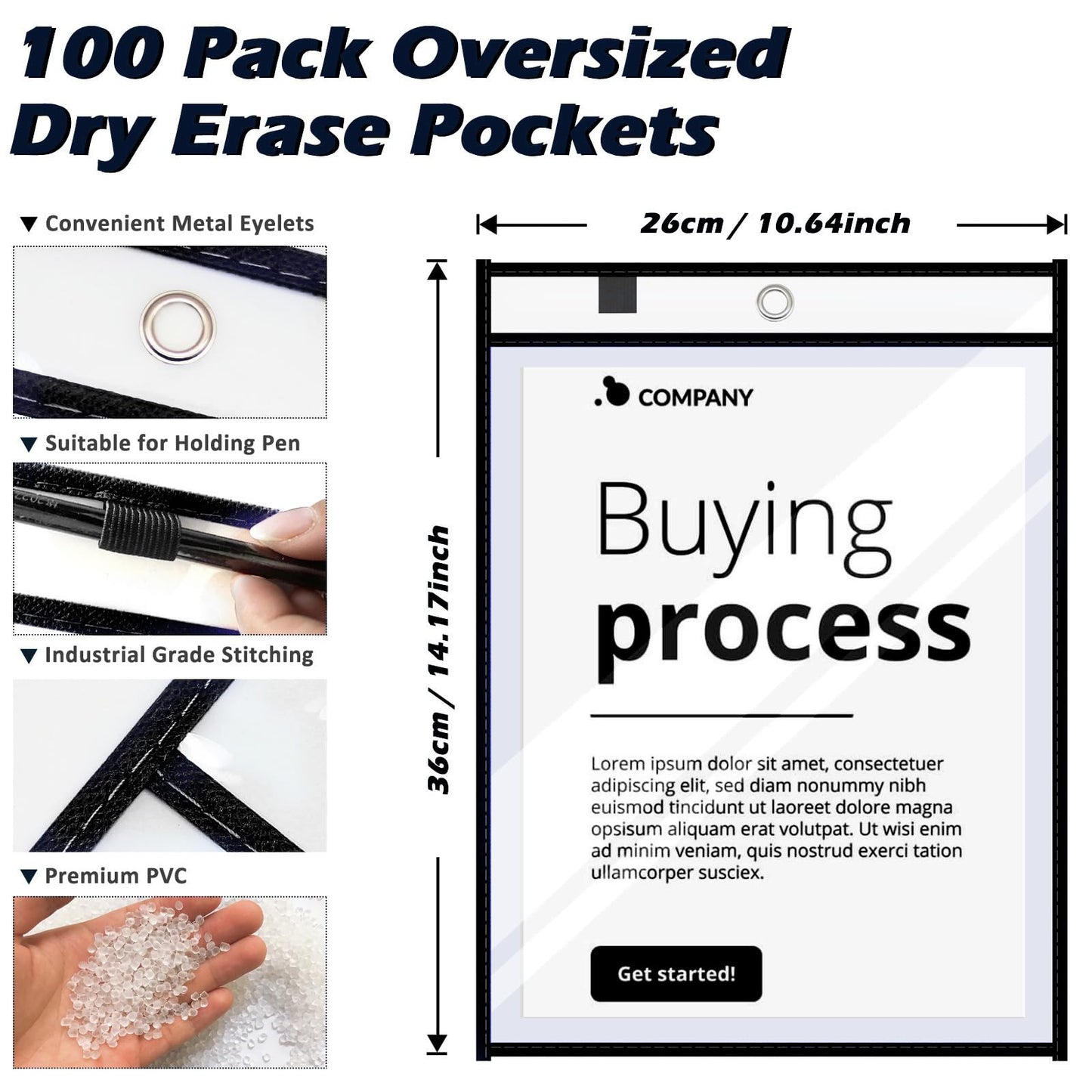 100 Packs Dry-Erase Pockets Bulk Oversized Reusable Dry Erase Pocket Sleeves with 6 Rings, 10x14 Black Ticket Holders, Clear Plastic Sheet Protectors, Teacher School Classroom Supplies