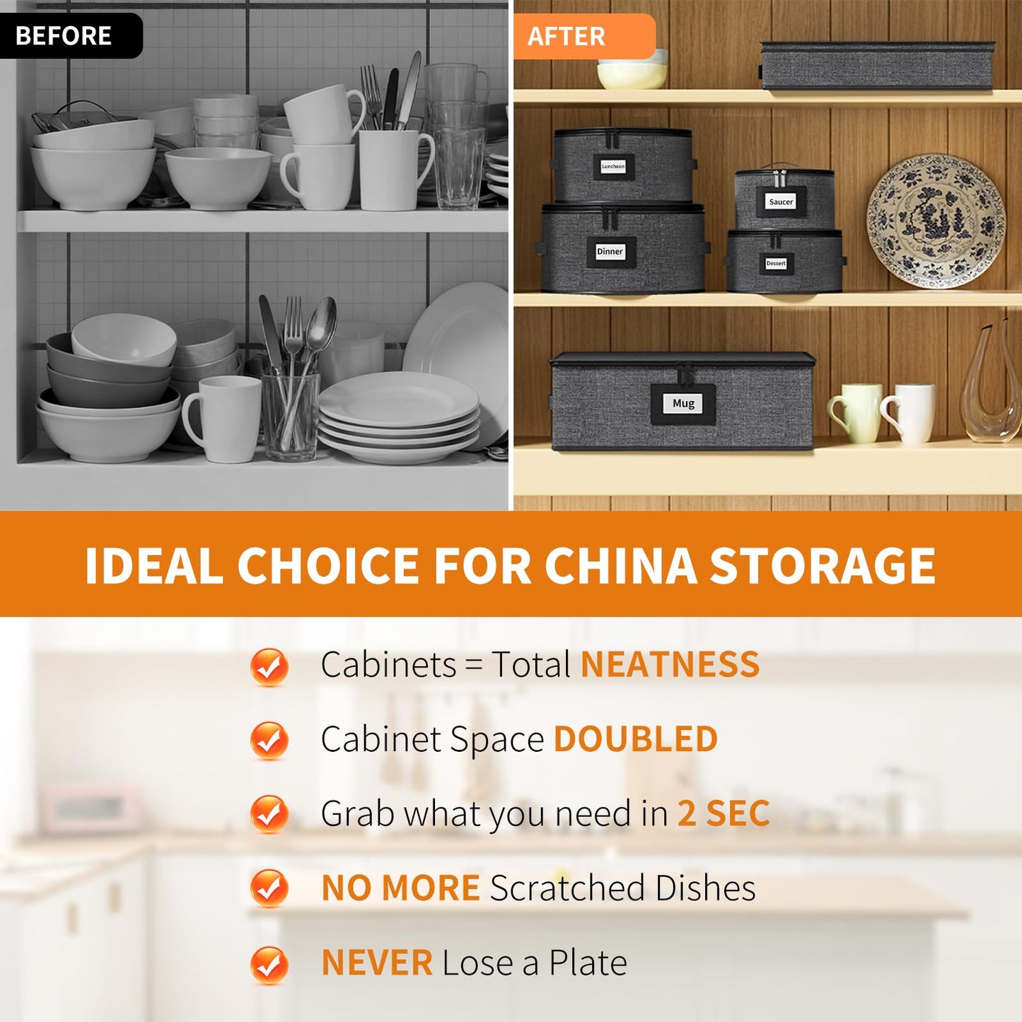 Aokeyee 6-Piece China Storage Containers Set, Hard Shell Moving Boxes for Dishes, Plates, Mugs & Flatware – Dinnerware Organizer with Soft Dividers, Sturdy Handles & Zippers, Grey