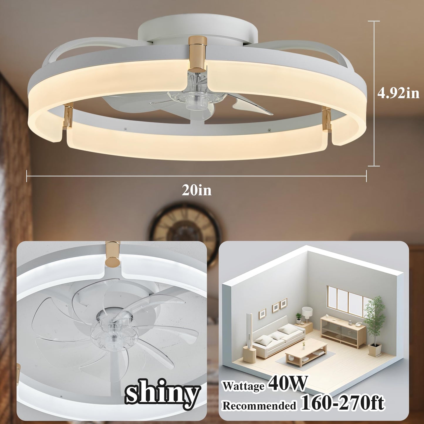 Ceiling Fans with Lights and Remote Fandelier - White 20'' Flush Mount Low Profile Modern Ceiling Fans for Bedroom - Stepless Color Temperature and 6 Speeds, White
