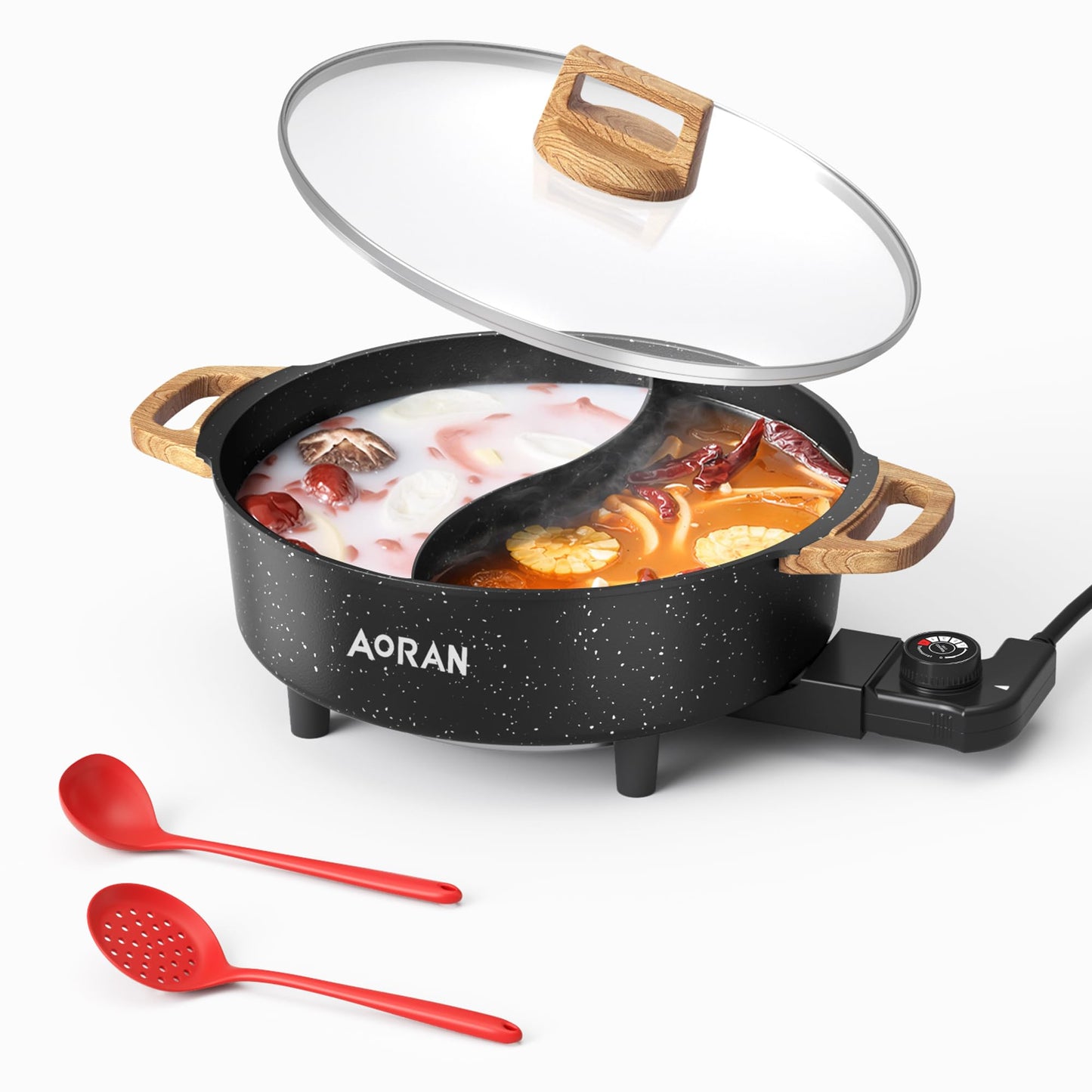 AORAN Electric Hot Pot with Divider, 1350W 8L Nonstick Smokeless Cooker for Shabu Shabu & Fondue, Multi-Function Cookware with Soup Ladle, Strainer, Includes Tongs - Easy to Clean, Black