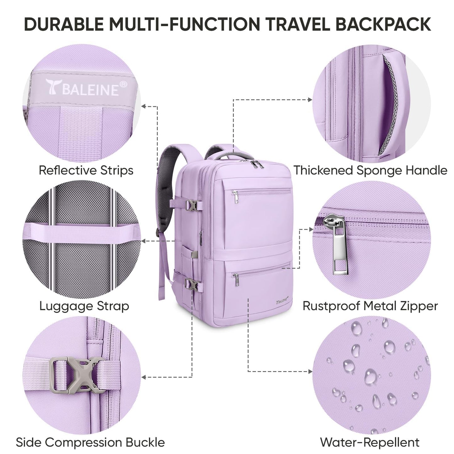 BALEINE Travel Backpack for Women Men, Large Sturdy Carry On Laptop Backpack Gifts for Business, Casual, Weekender, Hiking (XL, Lavender)