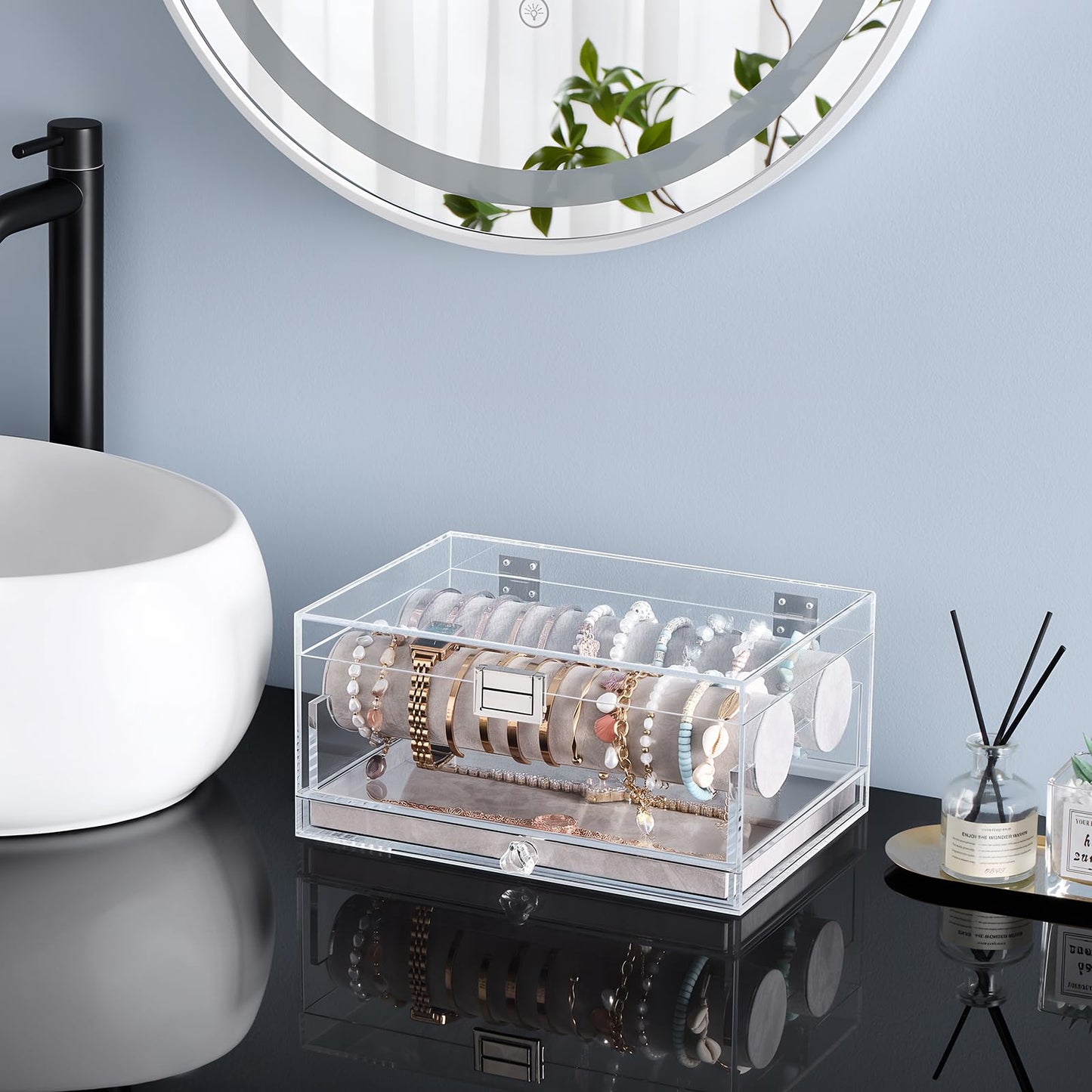 Lolalet Acrylic Bracelet Organizer Box, Clear Jewelry Display Holder for Bangles Watches, Jewellery Accessories Storage Case for Women -with Drawer