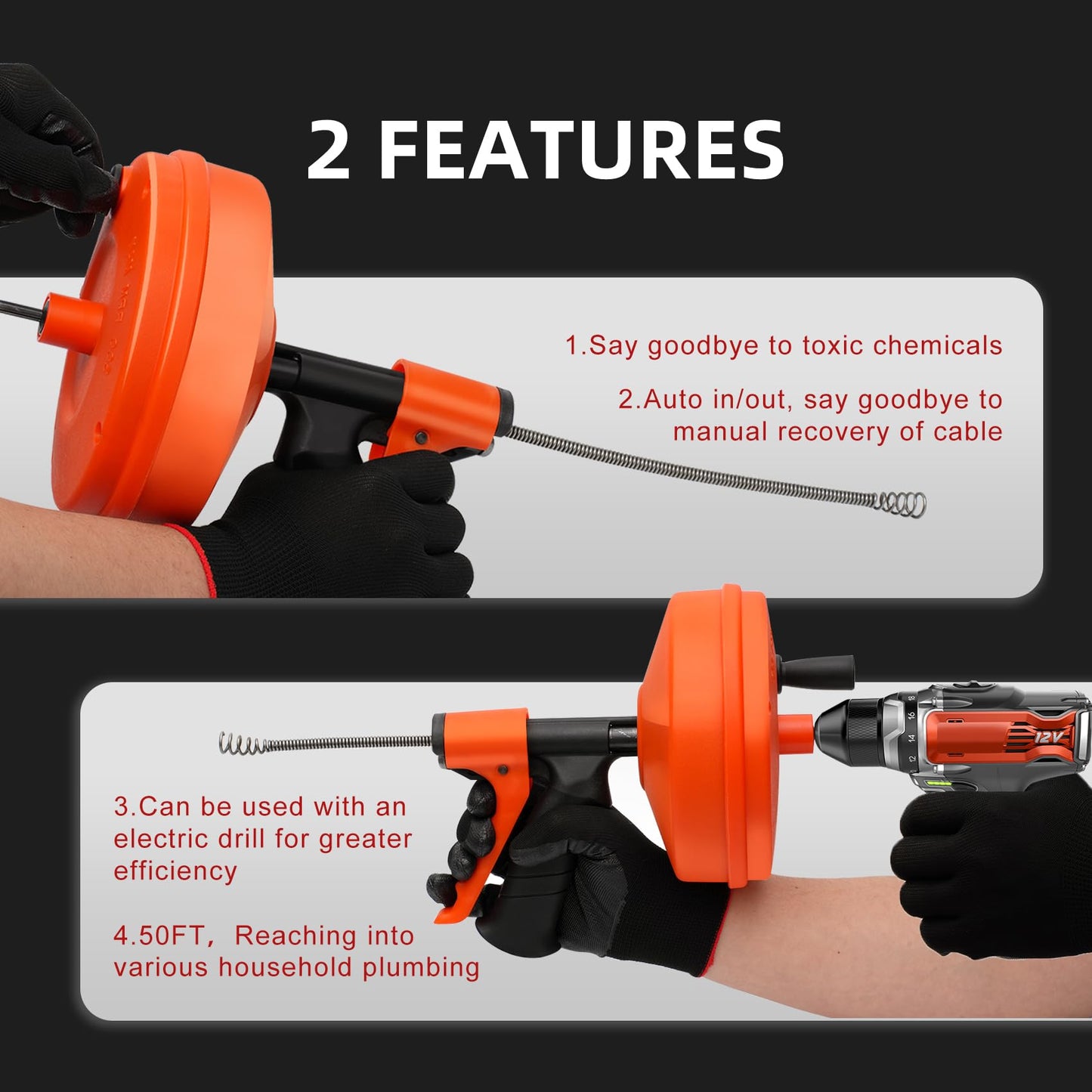 50FT Drain Snake Auger [1/4inch]- Manual or Drill Powered AUTO FEED- Flexible & Powerful 50 Feet Plumbing Snake for Kitchen, Shower & All Drains- Snake Drain Hair Remover Tool with Gloves, Storage Bag