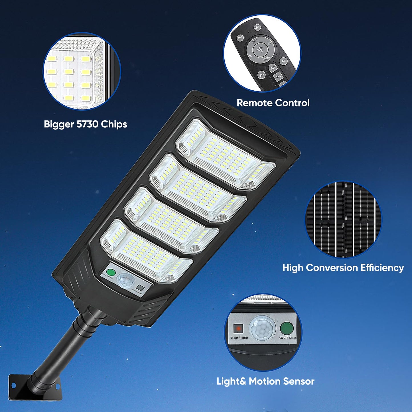 4 Pack Solar Street Lights Outdoor Waterproof 6500K 12000LM 5730SMD LEDs Solar Flood Lights Dusk to Dawn Parking Lot Light Wide Motion Sensor and Remote Control for Area Lighting Yard