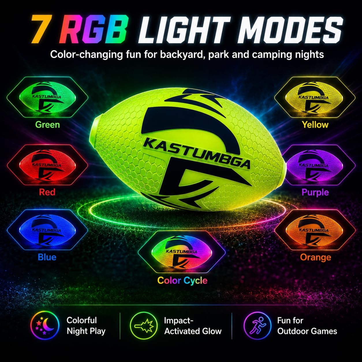 Rechargeable Light Up Football for Kids, Glow in The Dark Football with 7 RGB LED Modes, 8.3-Inch Soft Foam Youth Size for Backyard Night Play, Sports Gifts for Boys 8-12 and 10 Year Old Boys